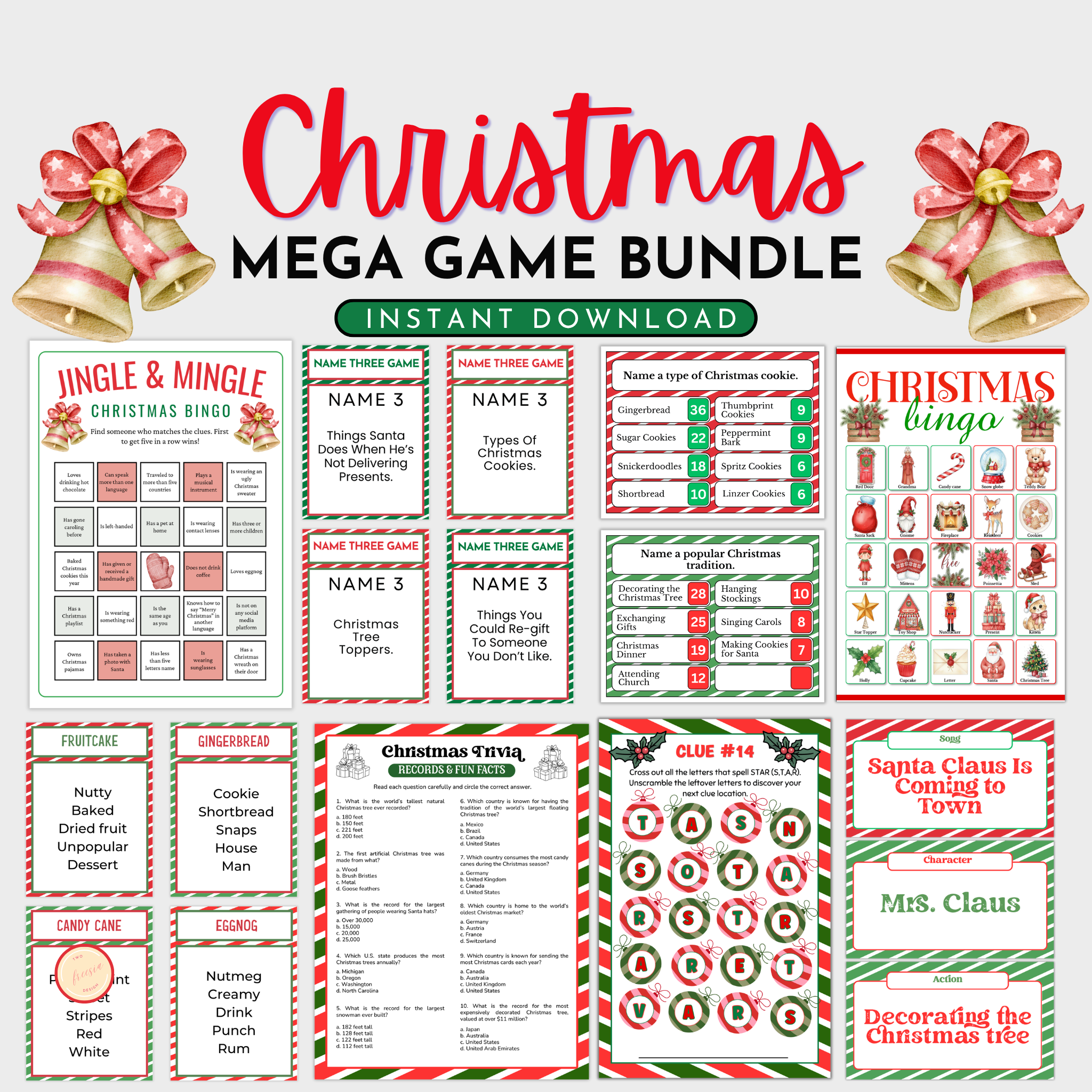 A Christmas-themed digital game bundle - game boards, bingo cards, and activity 