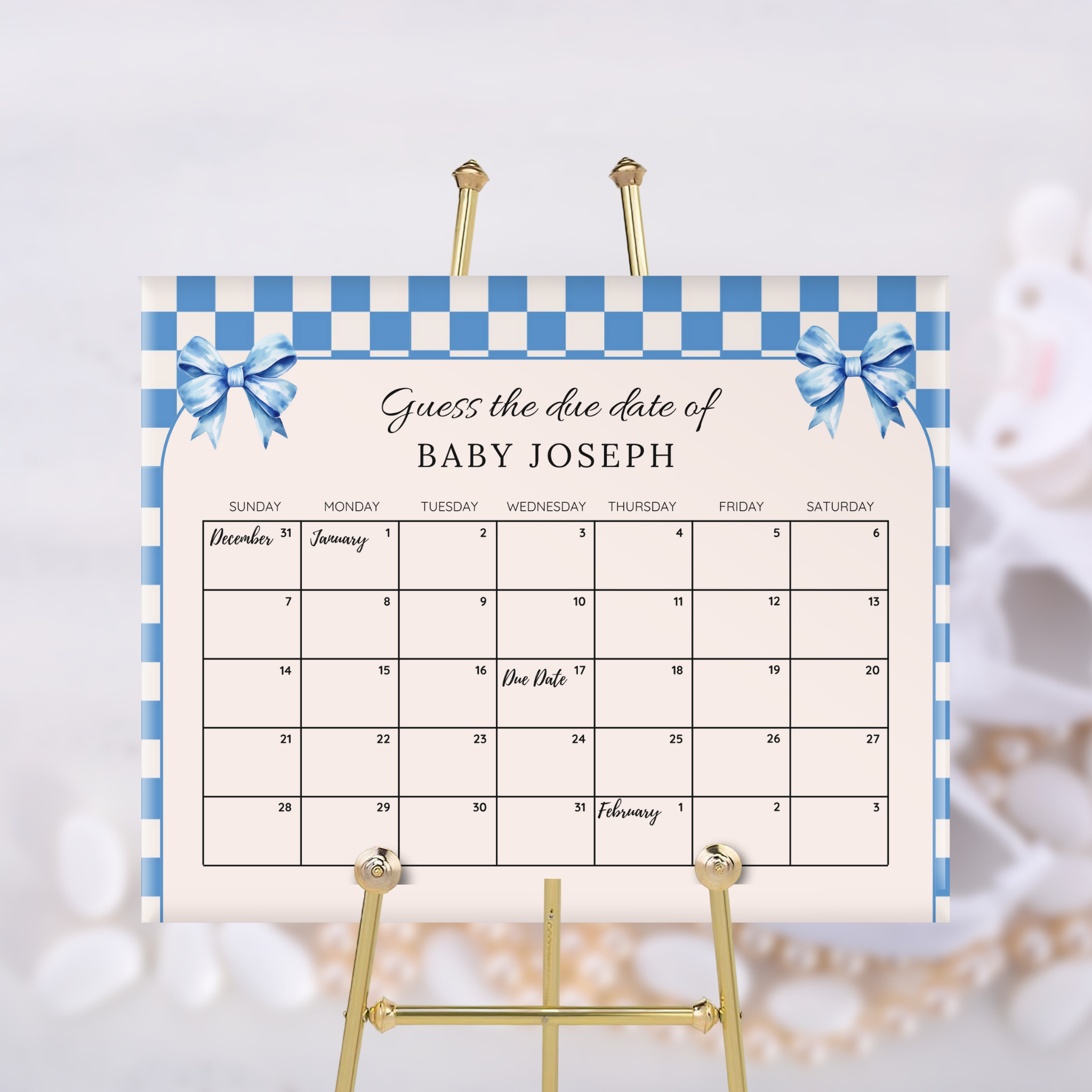 Checkered Blue Baby Due Date Calendar Game
