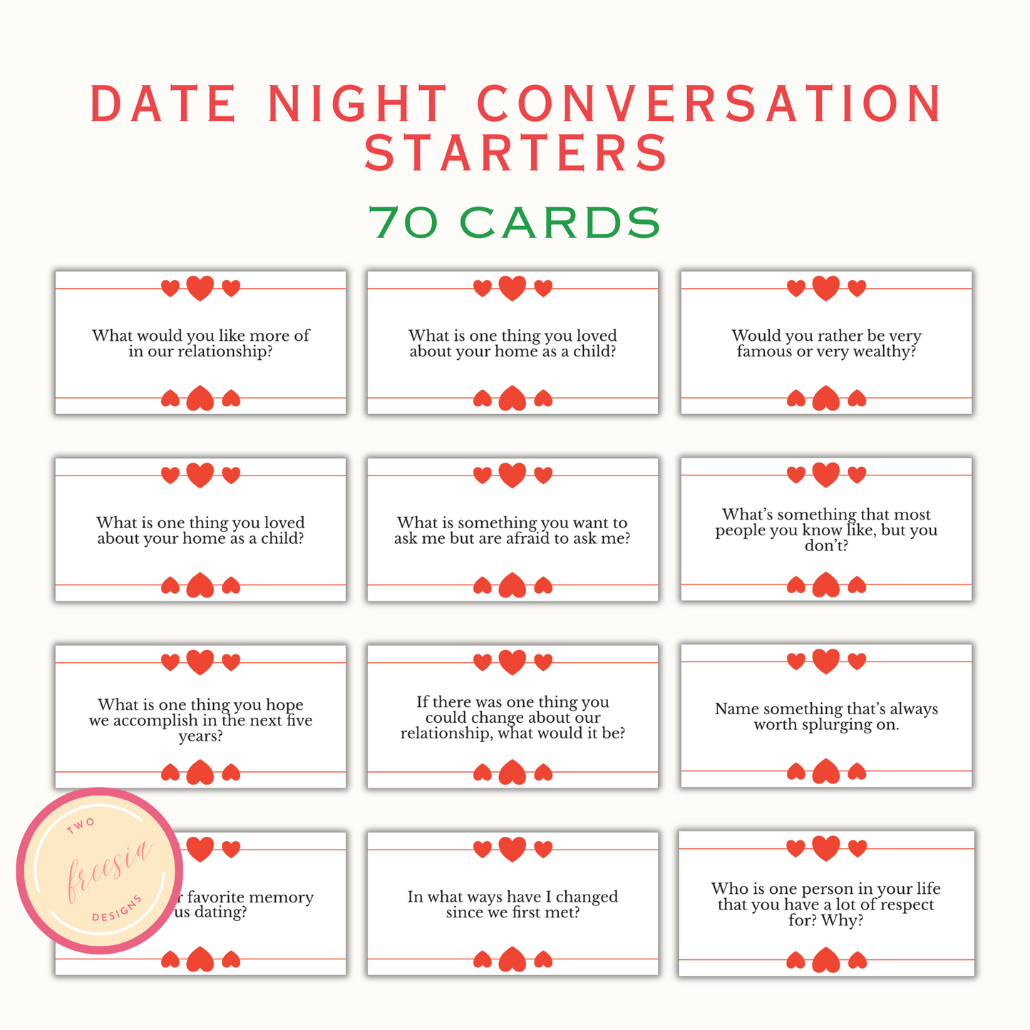 70 Conversation Starters Cards for Couples Date Nights