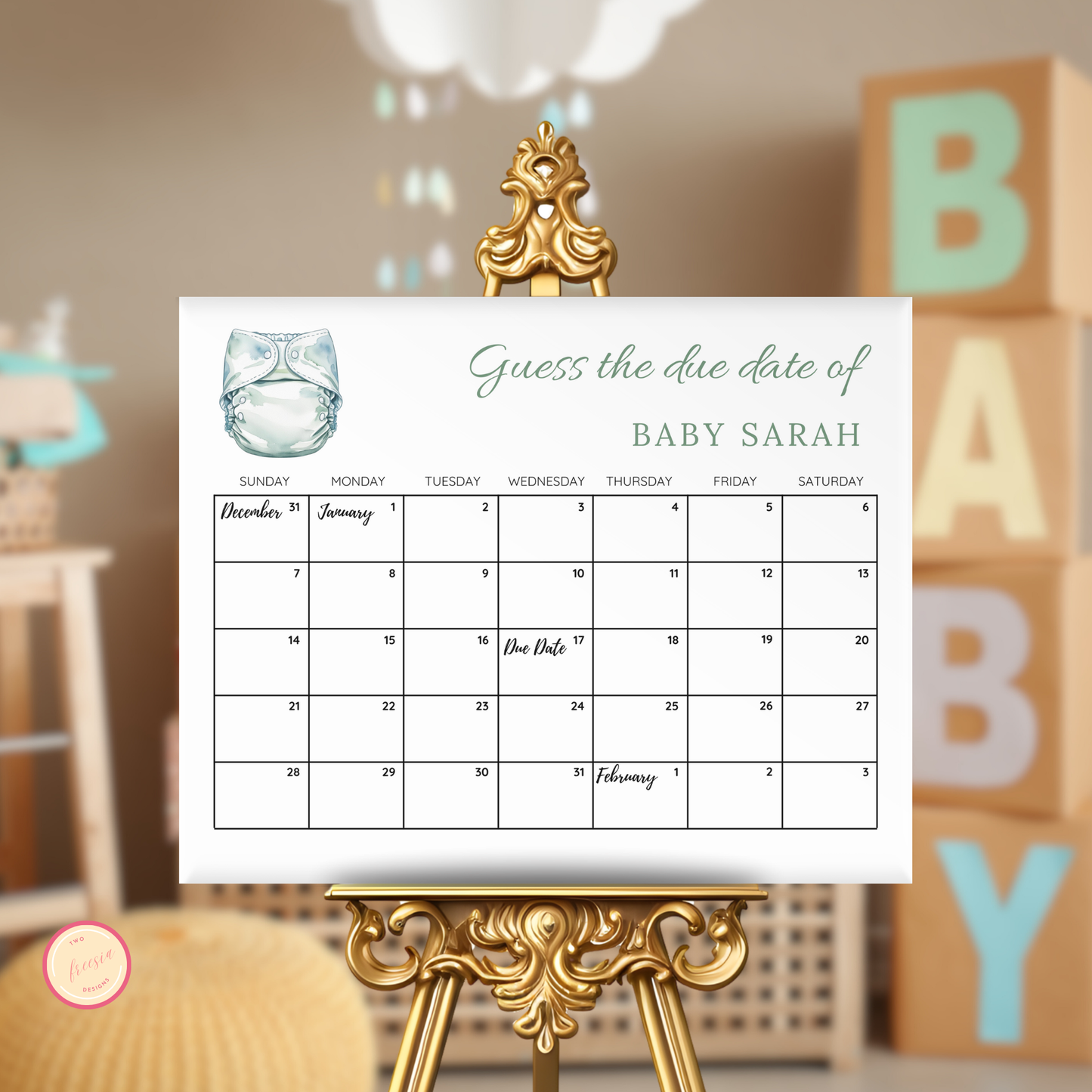 Diapers & Wipes Baby Due Date Calendar Game - Green