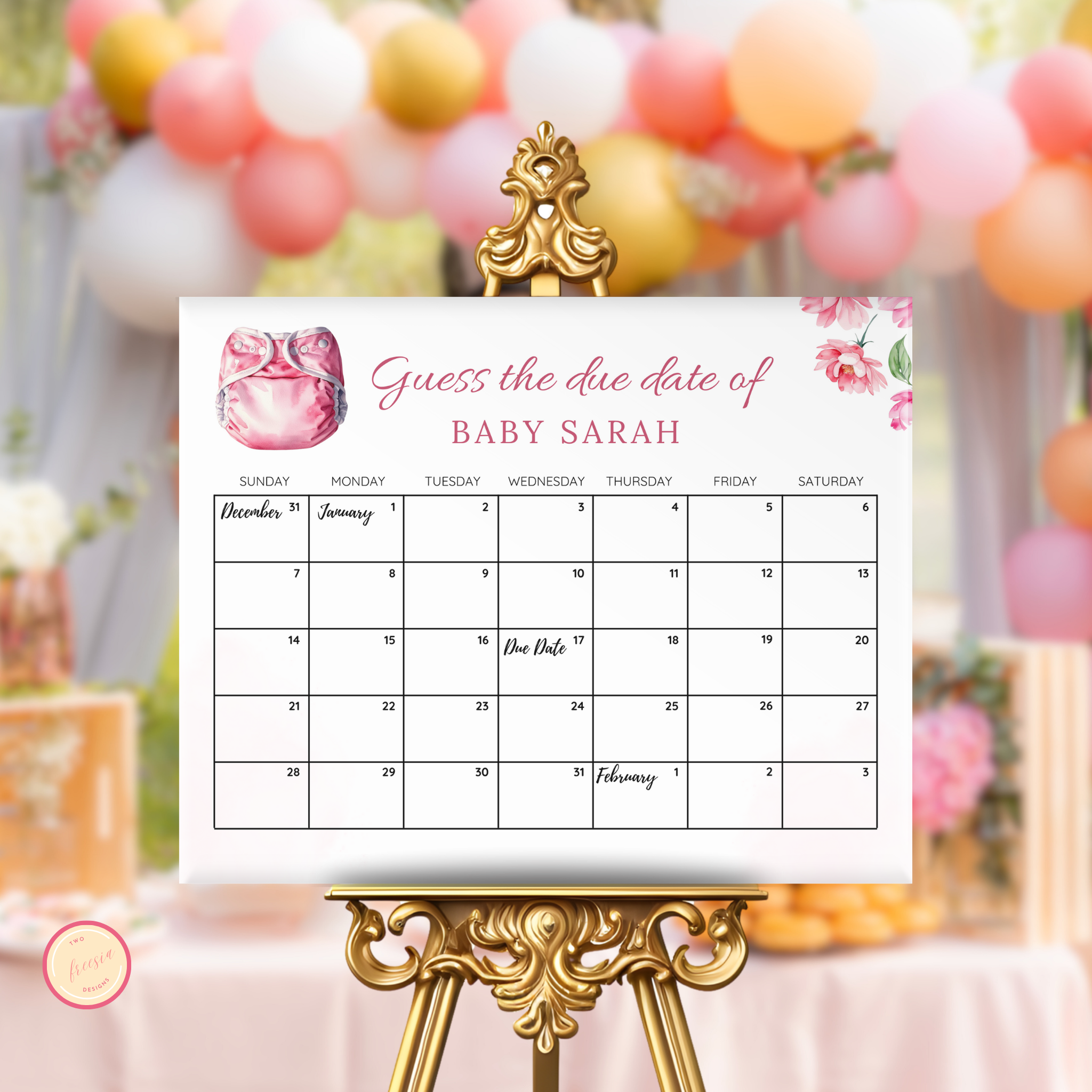 Diapers & Wipes Baby Due Date Calendar Game - Pink