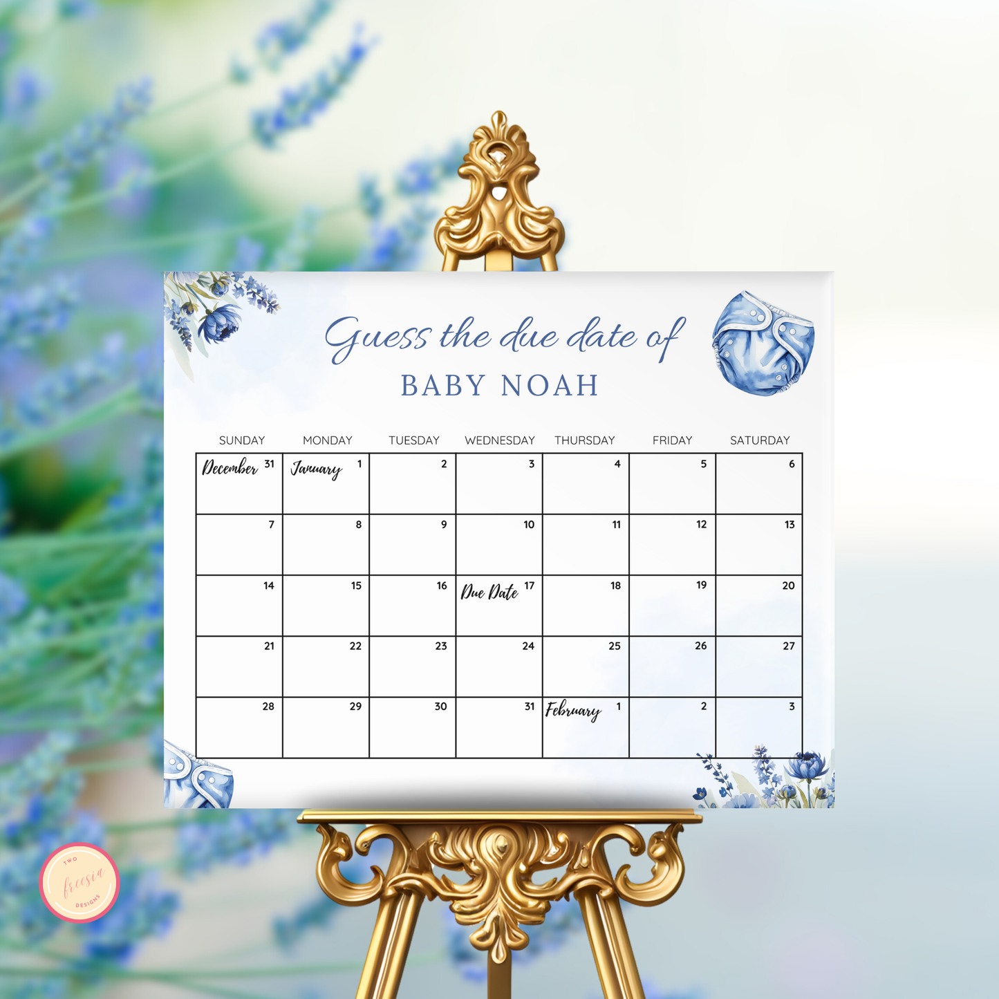 Diapers & Wipes Baby Due Date Calendar Game - Blue