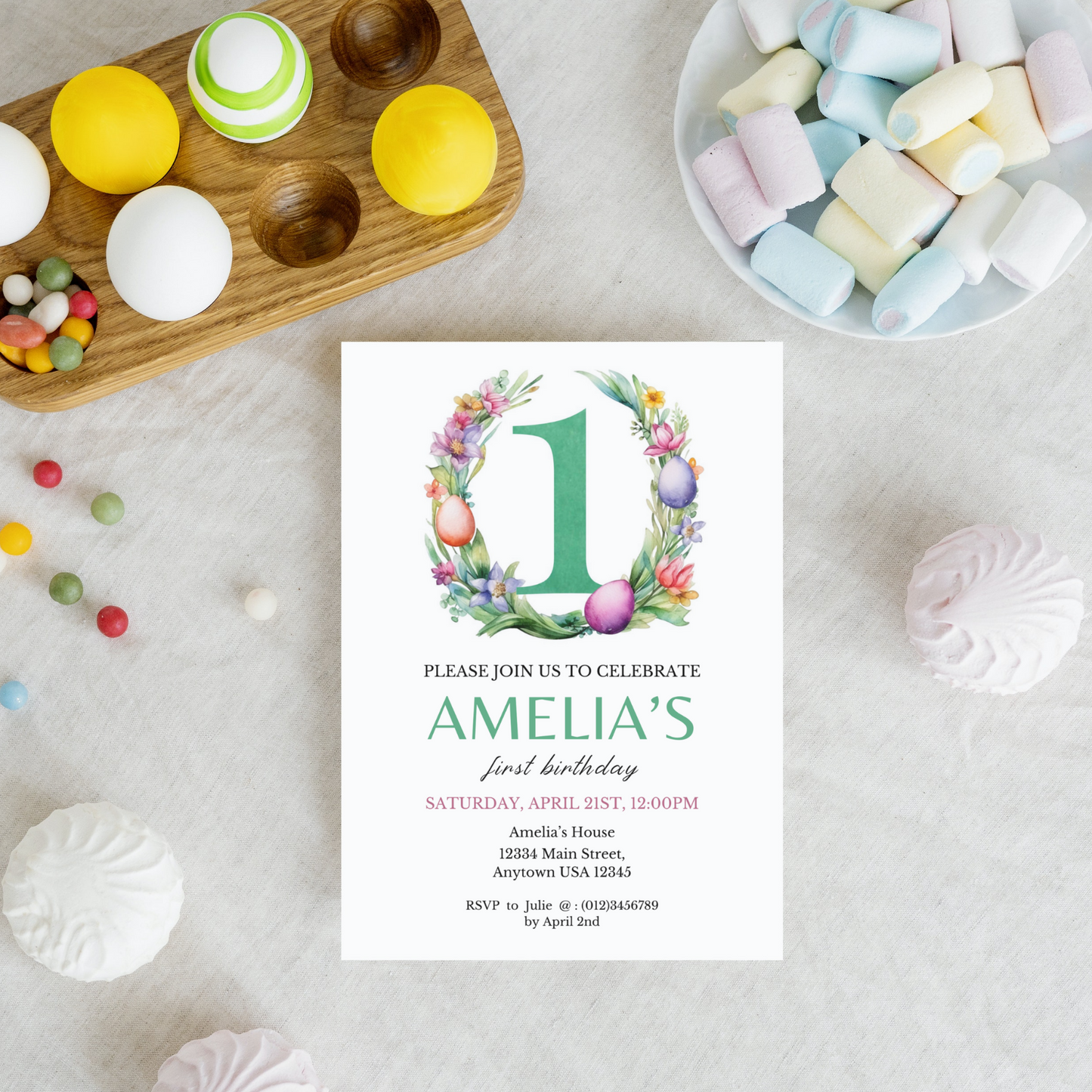 Easter Birthday Invitation Template - 1 Year Old - Green