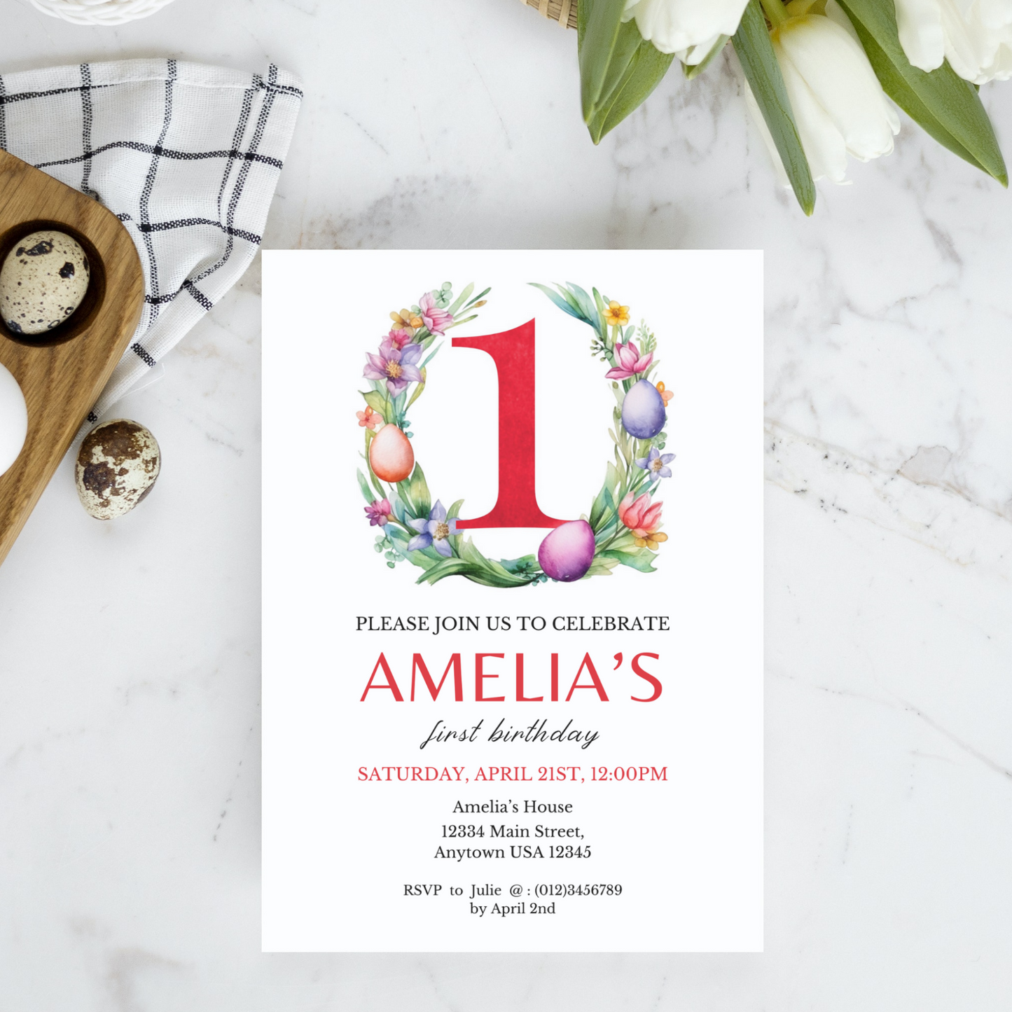 Easter Birthday Invitation Template - 1 Year Old - Red