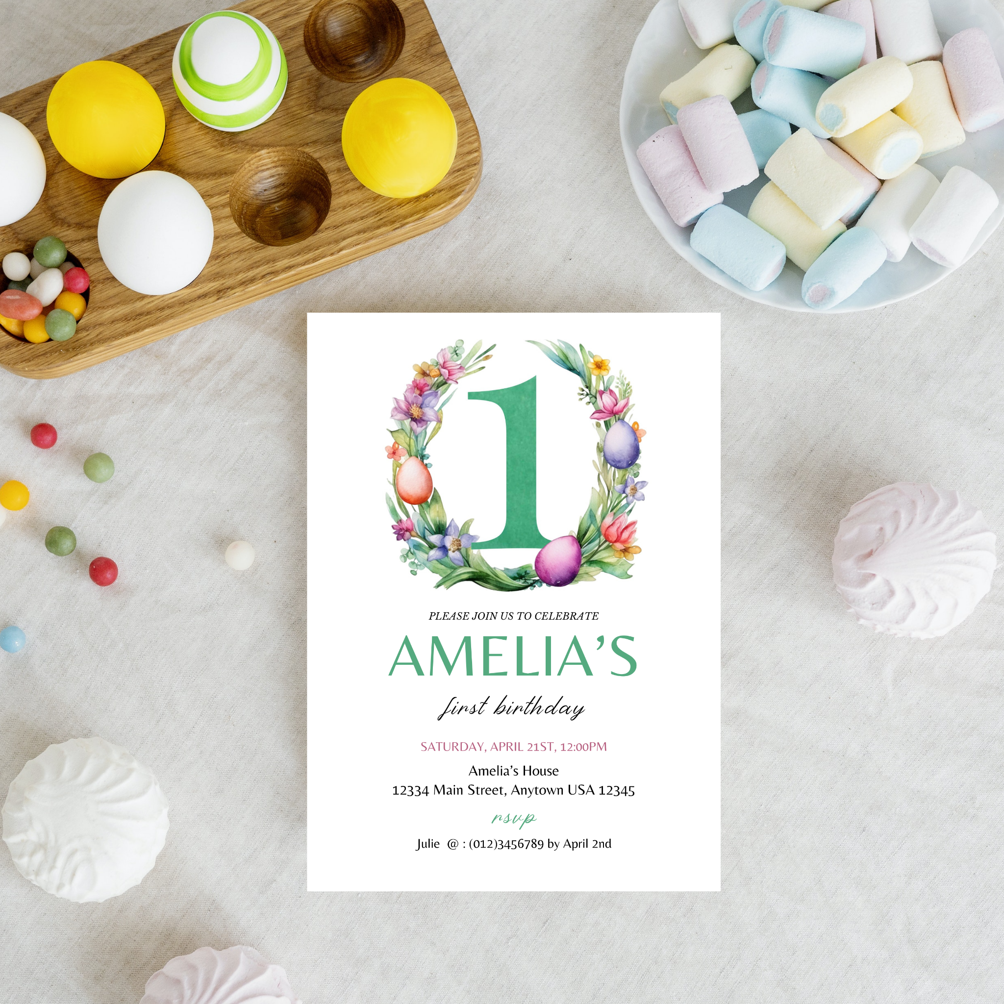 Easter Birthday Invitation Template - 1 Year Old - Green