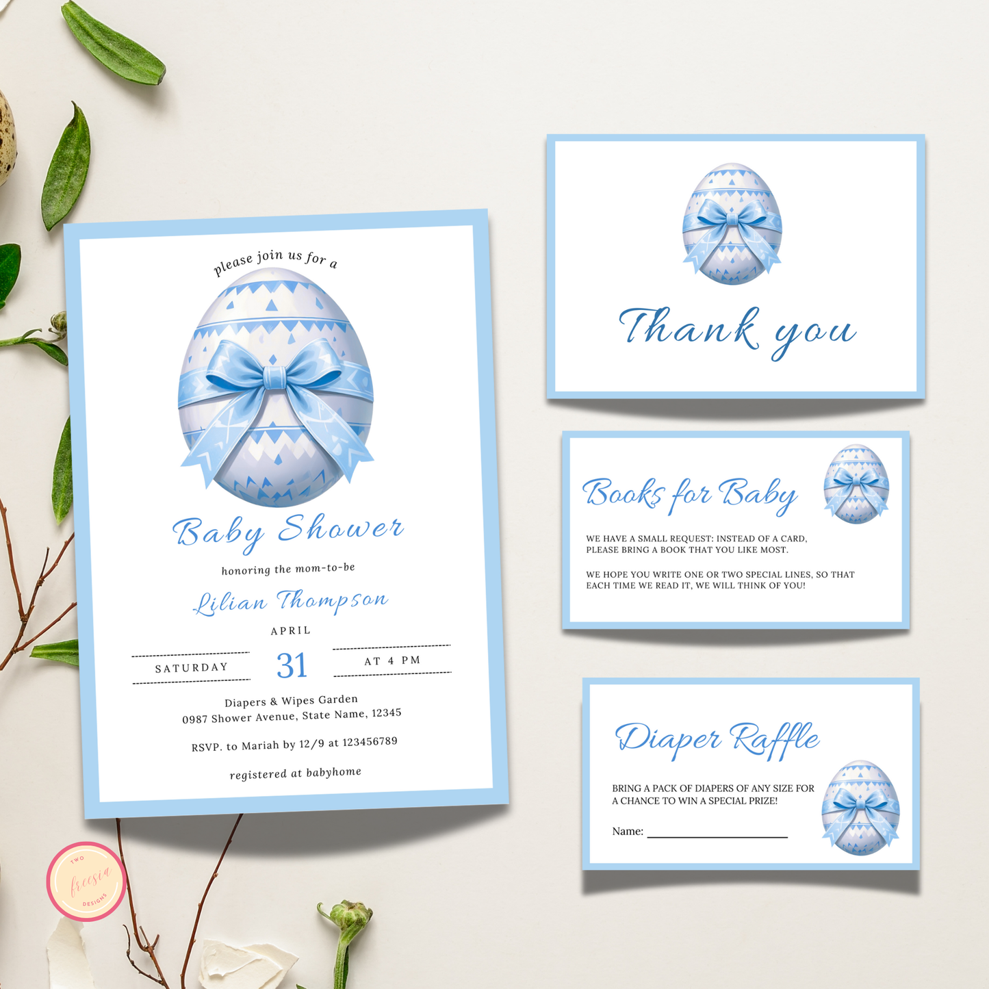 Easter Baby Shower Invitation Bundle, Blue Easter Egg