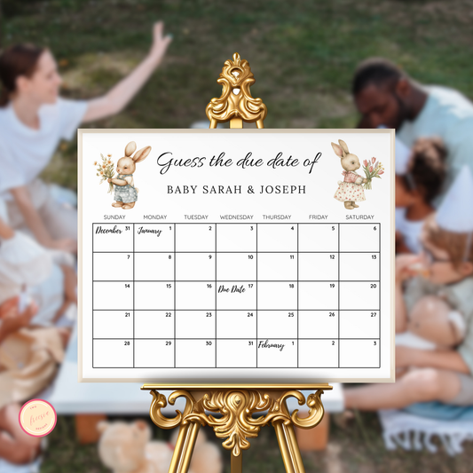 Twin Bunny Rabbits Baby Shower Due Date Calendar