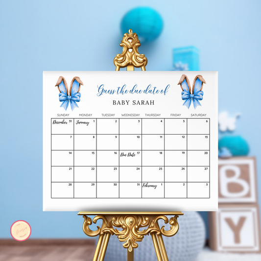 Blue Bunny Ears Baby Shower Due Date Calendar