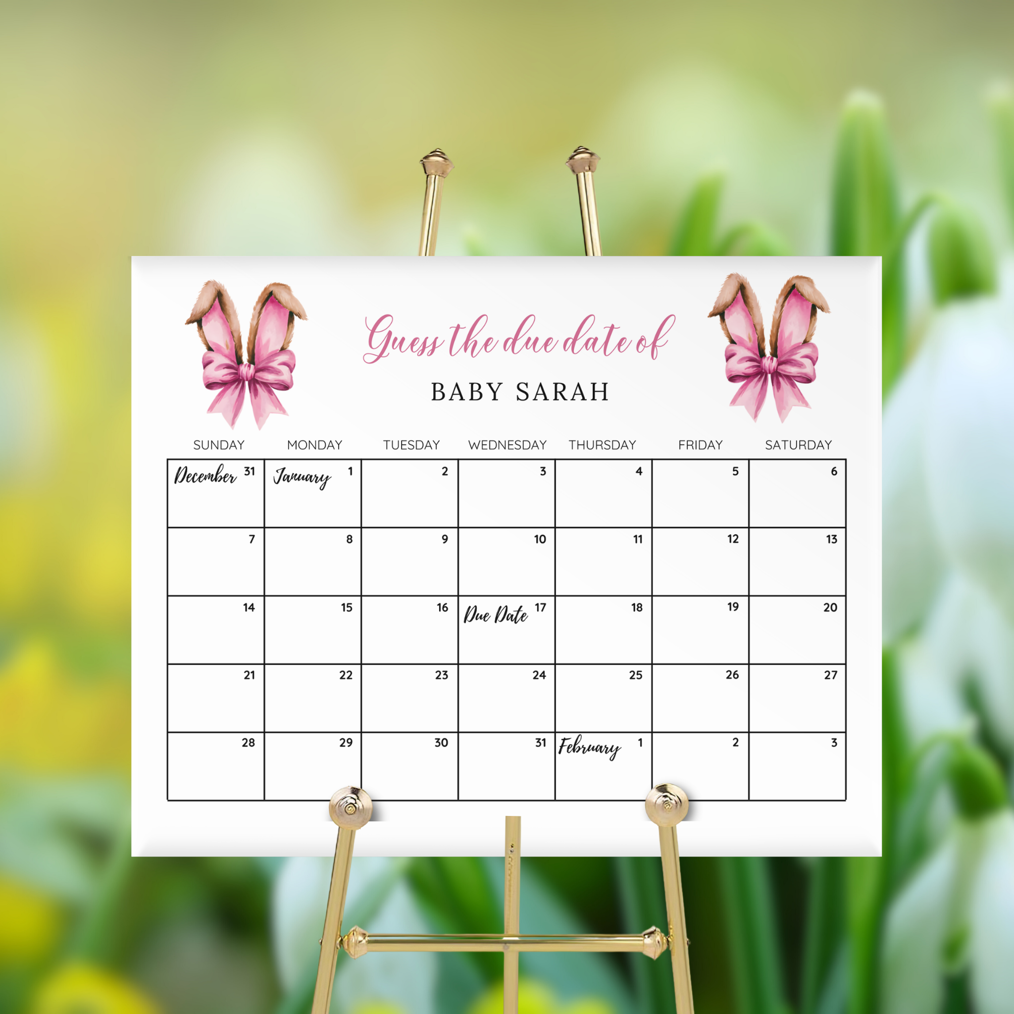 Pink Bunny Ears Baby Shower Due Date Calendar