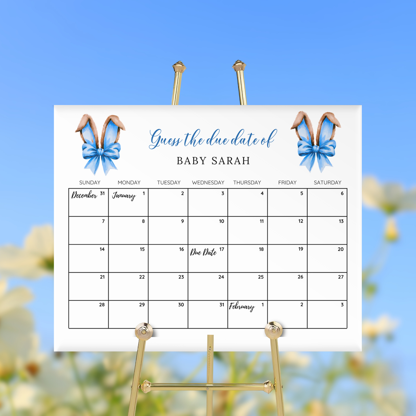 Blue Bunny Ears Baby Shower Due Date Calendar