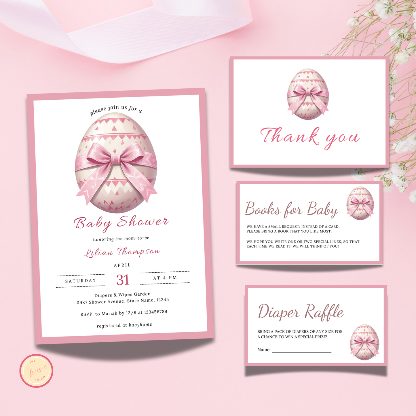 Easter Baby Shower Invitation Bundle, Pink Easter Egg