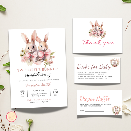 Two Bunnies are On The Way Baby Shower Invitation Set