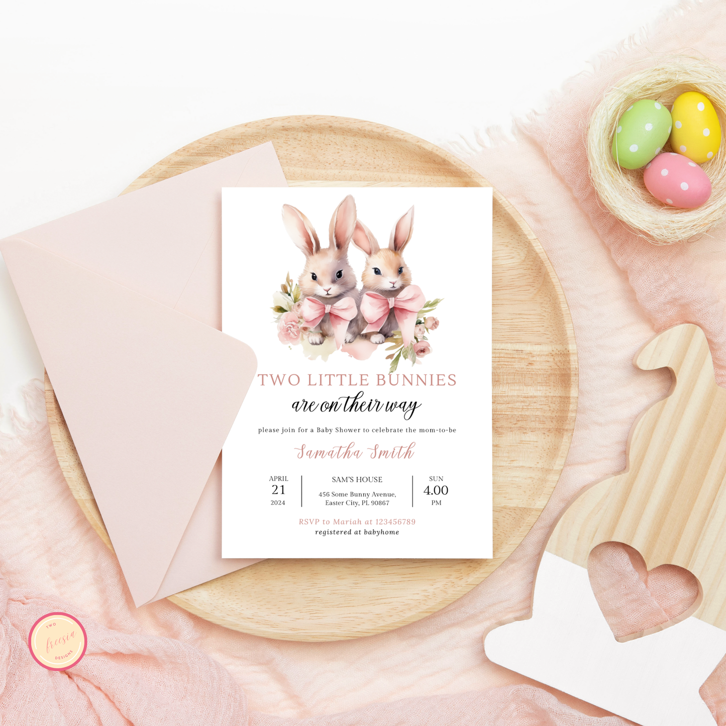 Two Little Bunnies Baby Shower Invitation