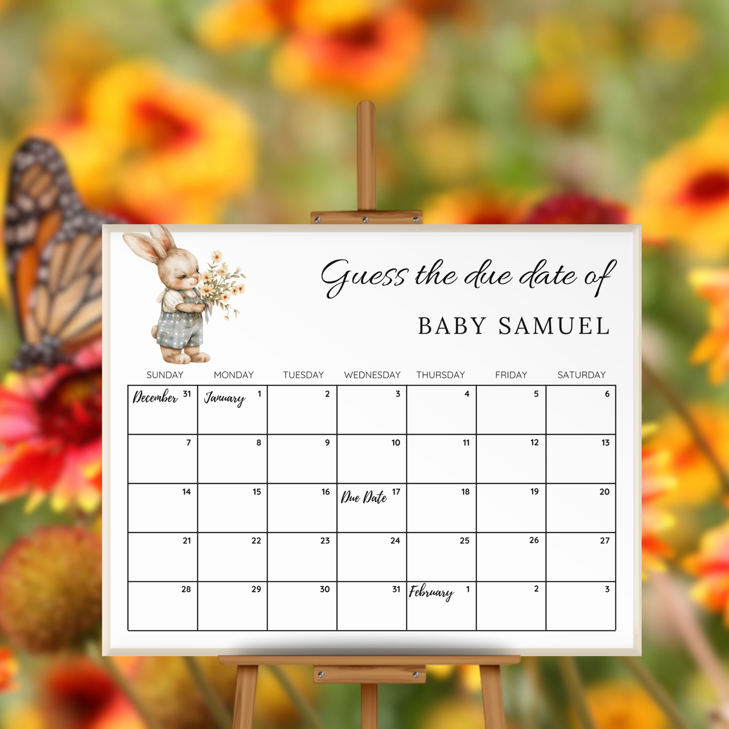 Boy Bunny Rabbit Baby Shower Due Date Calendar