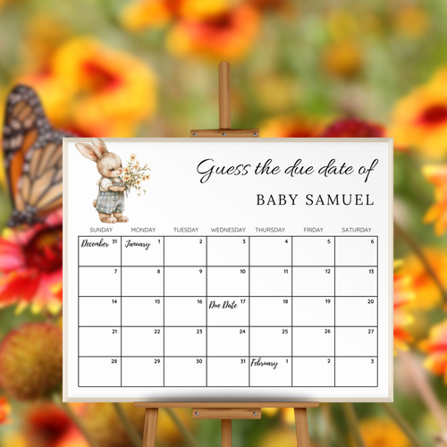 Boy Bunny Rabbit Baby Shower Due Date Calendar