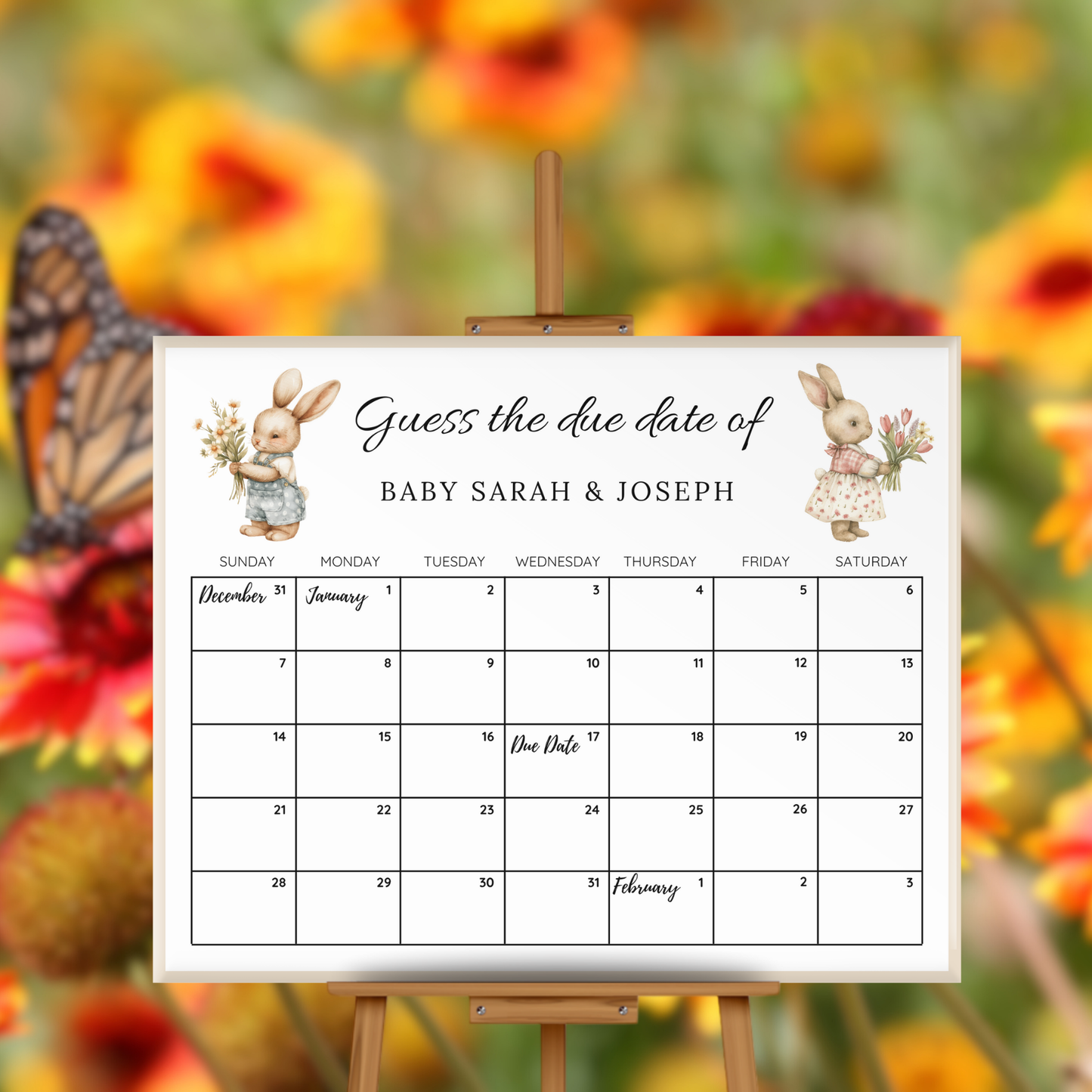 Twin Bunny Rabbits Baby Shower Due Date Calendar