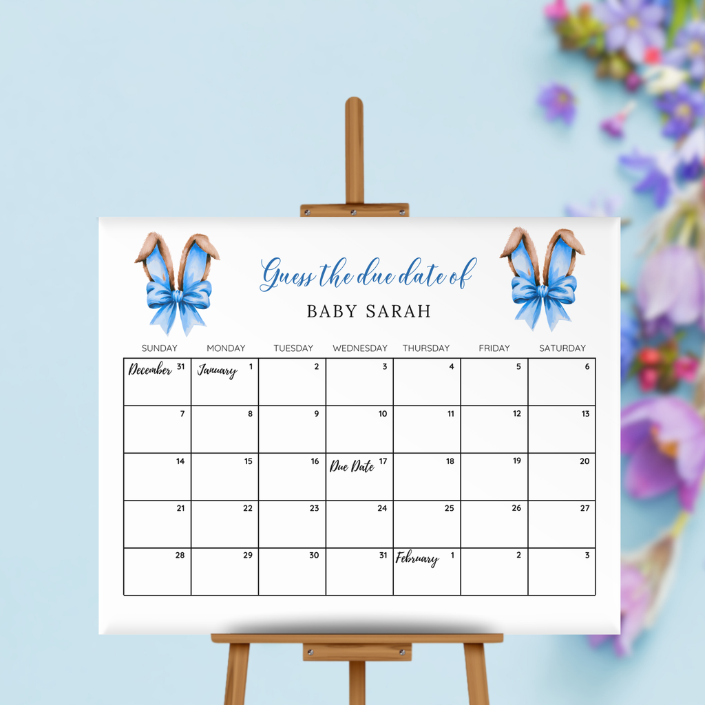 Blue Bunny Ears Baby Shower Due Date Calendar