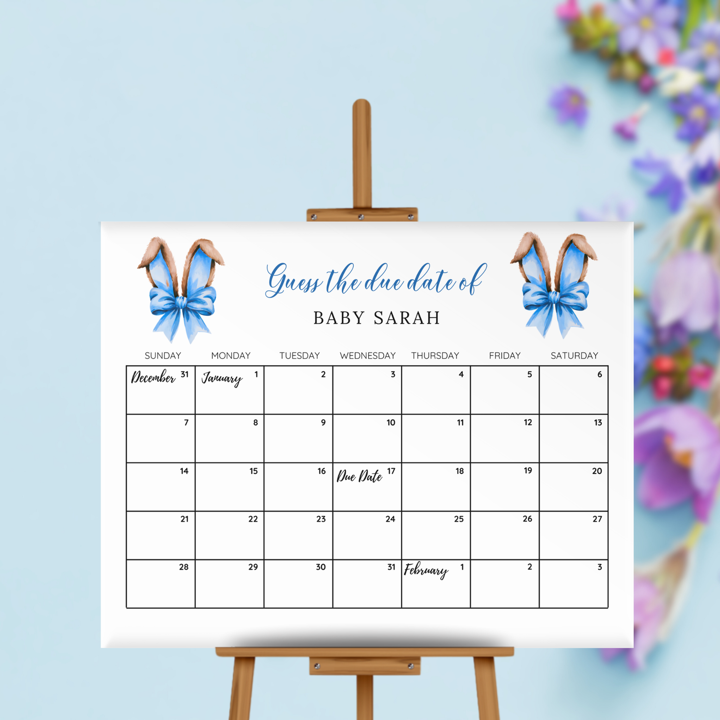 Blue Bunny Ears Baby Shower Due Date Calendar