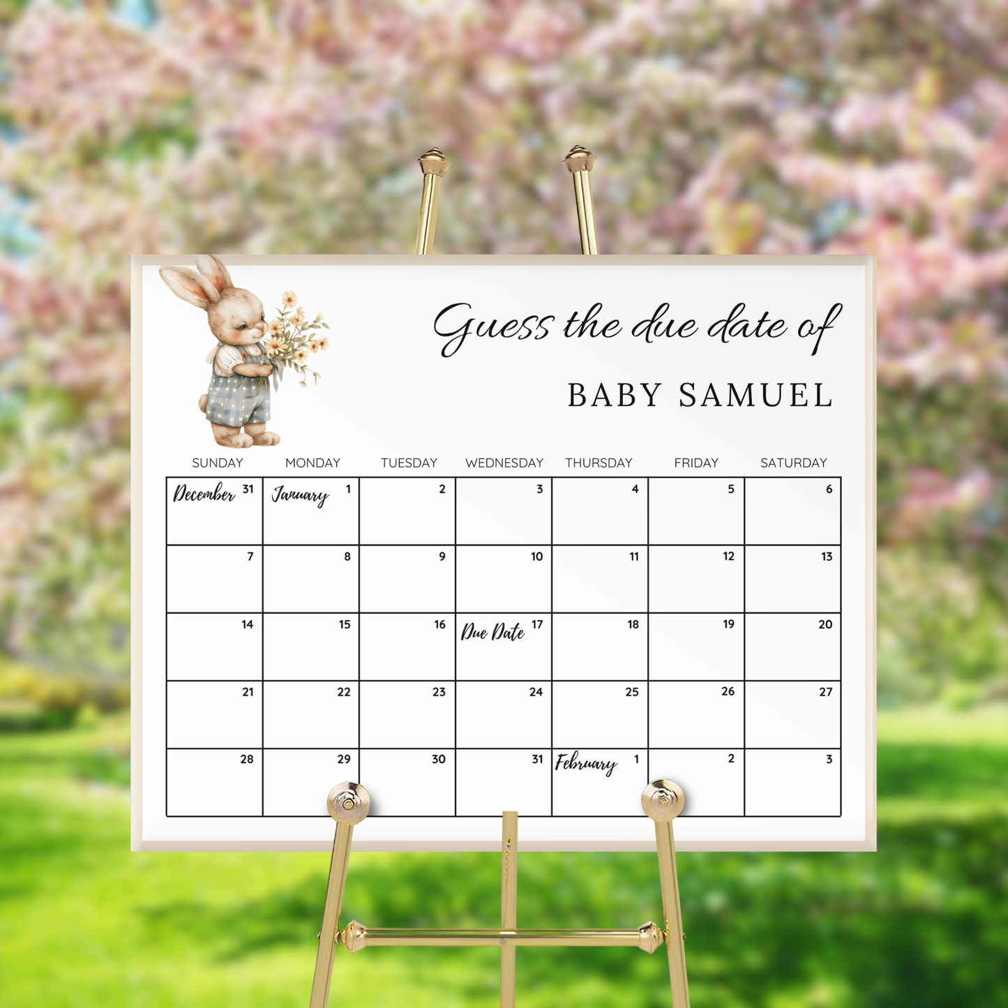 Boy Bunny Rabbit Baby Shower Due Date Calendar