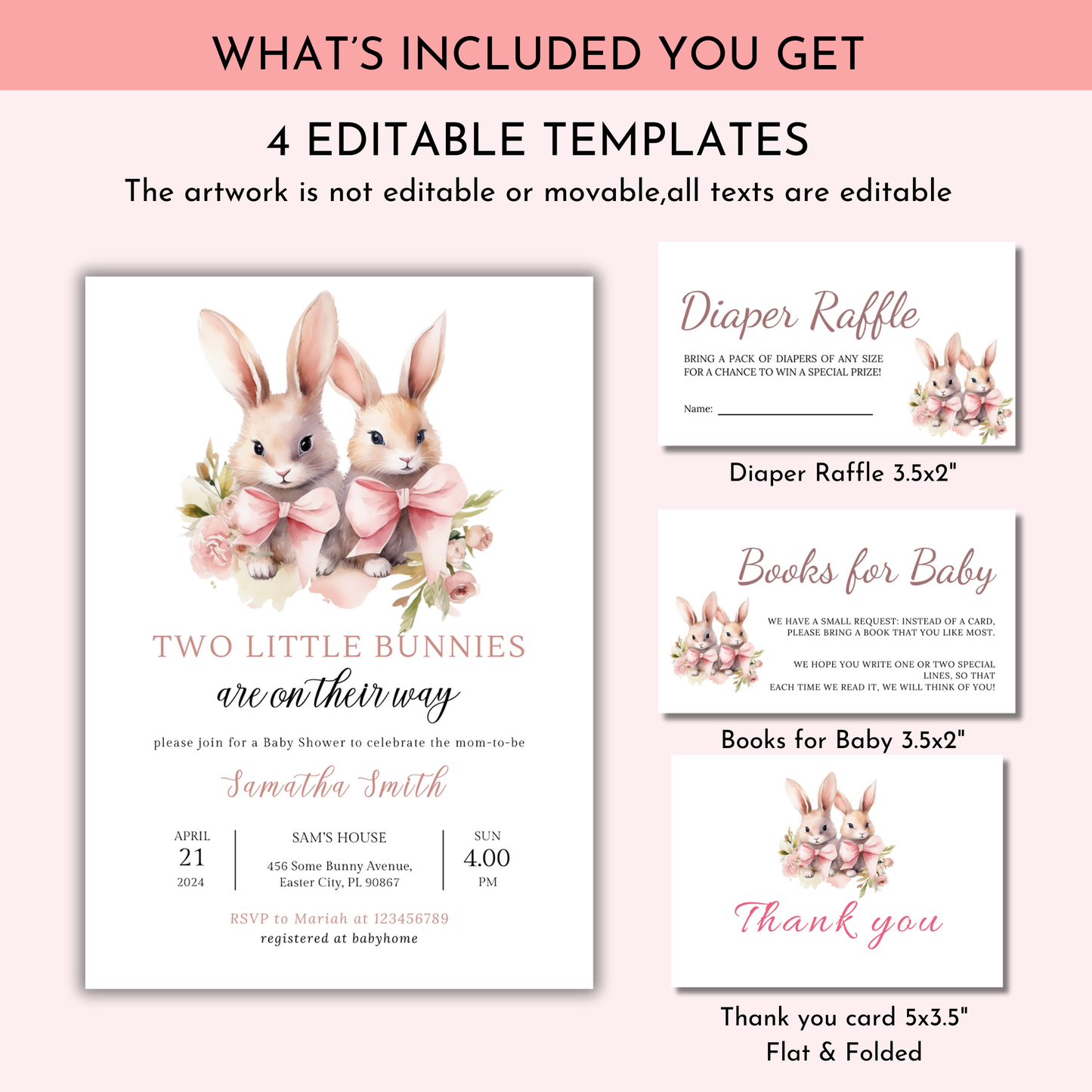 Two Little Bunnies are on their Way Baby Shower Invitation Bundle