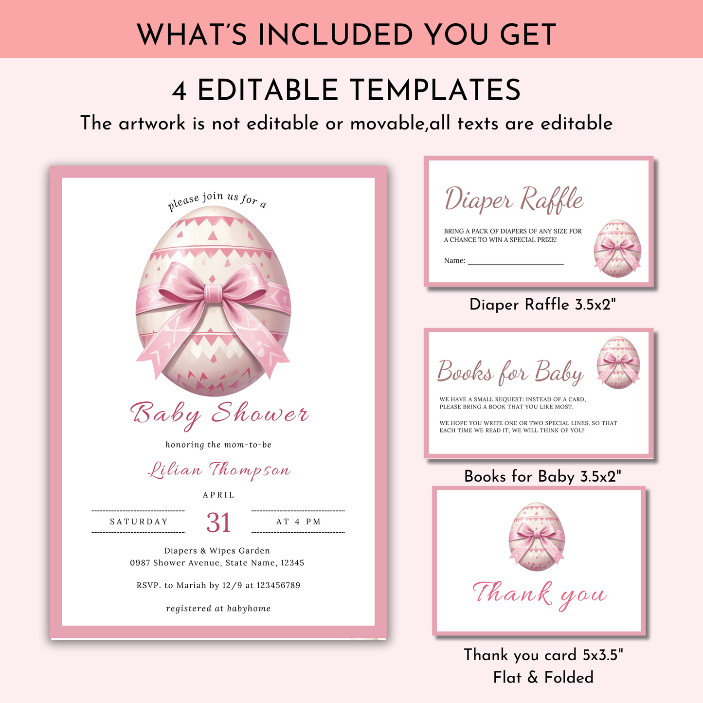 Easter Baby Shower Invitation Bundle, Pink Easter Egg