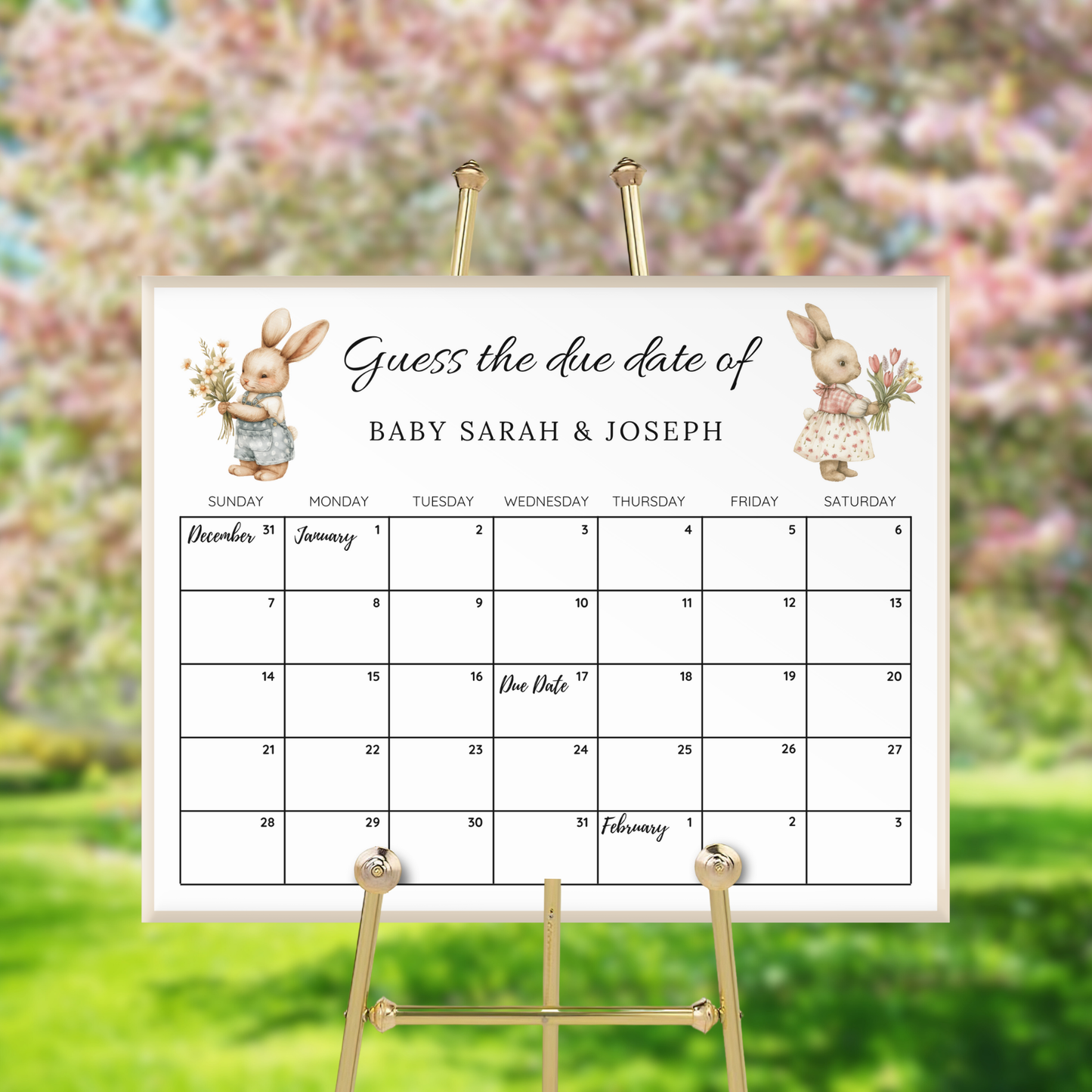 Twin Bunny Rabbits Baby Shower Due Date Calendar