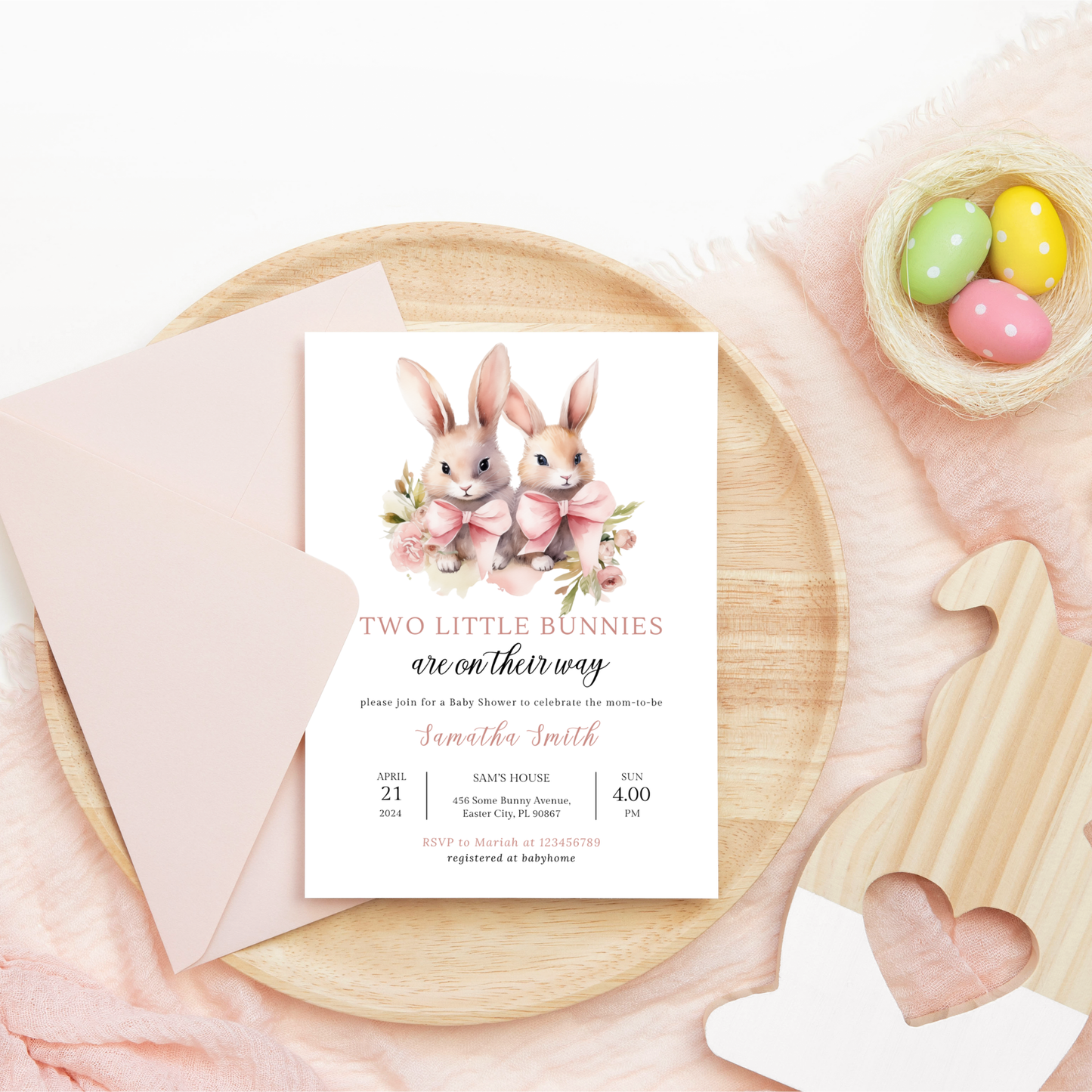 Two Little Bunnies are on their Way Baby Shower Invitation Bundle