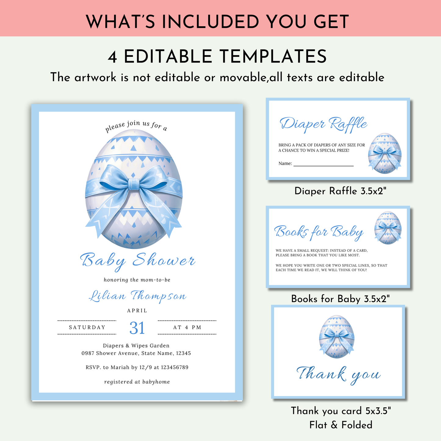 Easter Baby Shower Invitation Bundle, Blue Easter Egg