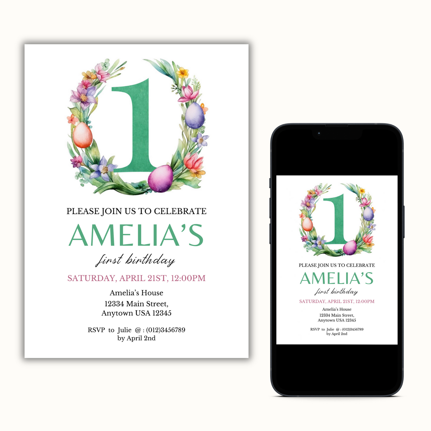 Easter Birthday Invitation Template - 1 Year Old - Green