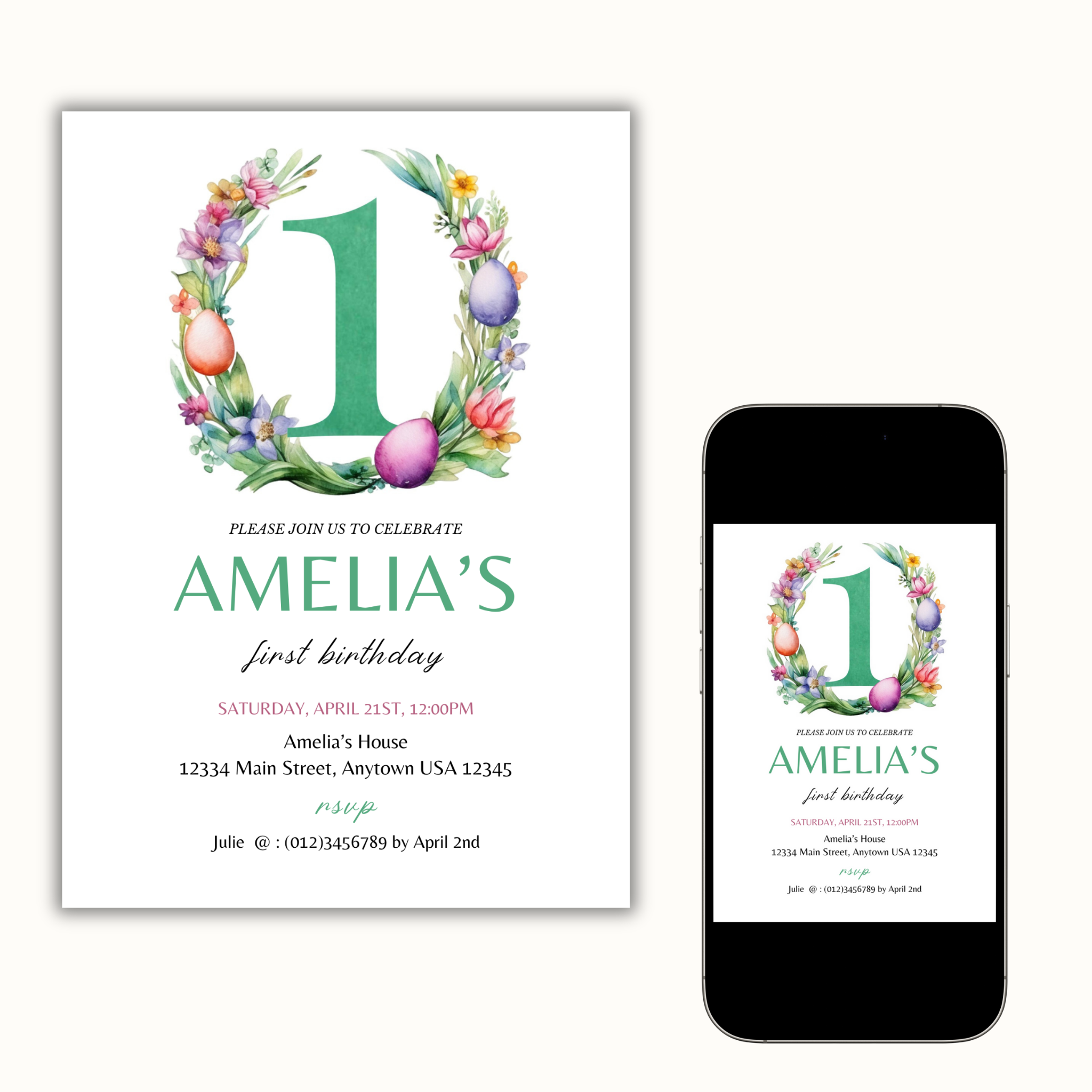 Easter Birthday Invitation Template - 1 Year Old - Green