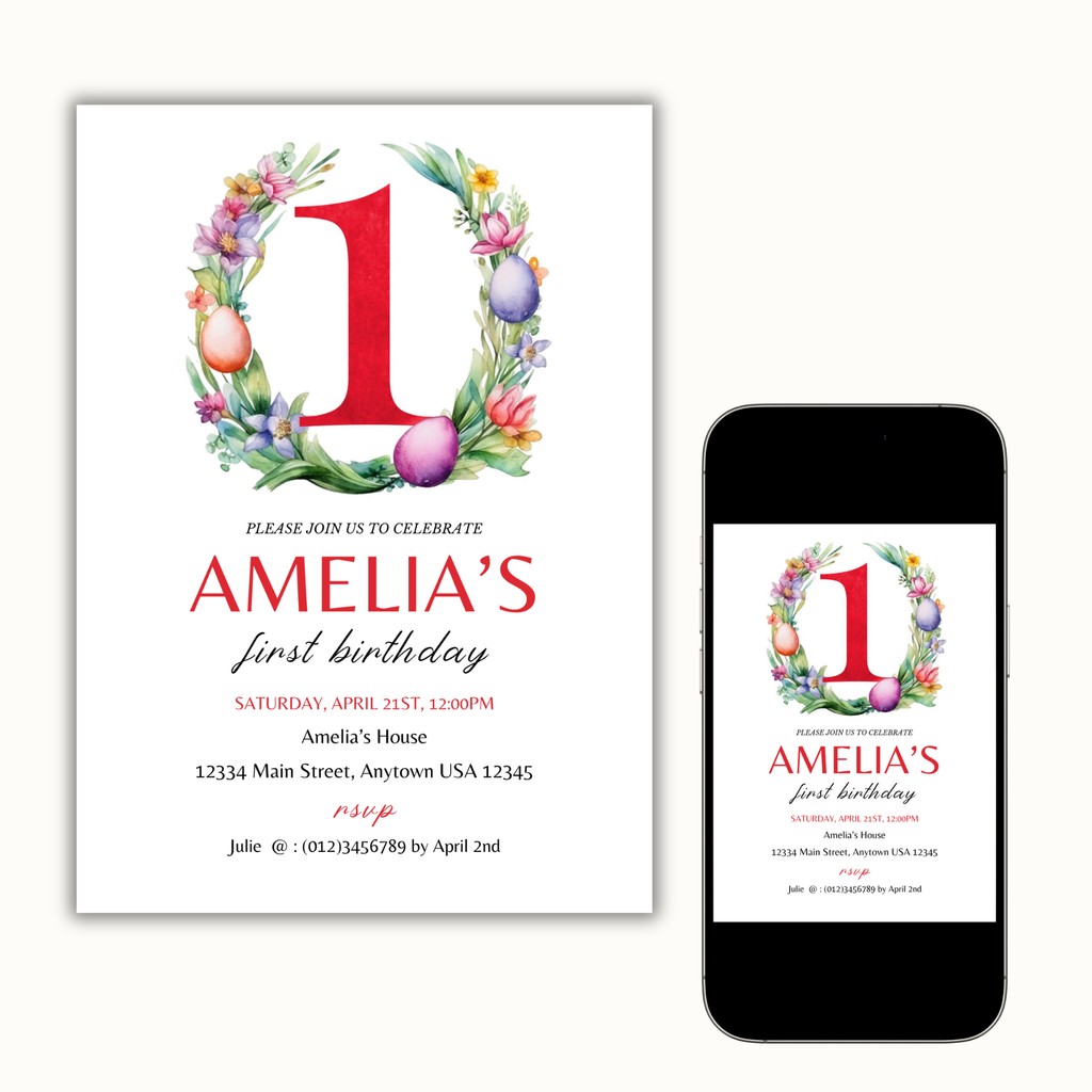 Easter Birthday Invitation Template - 1 Year Old - Red