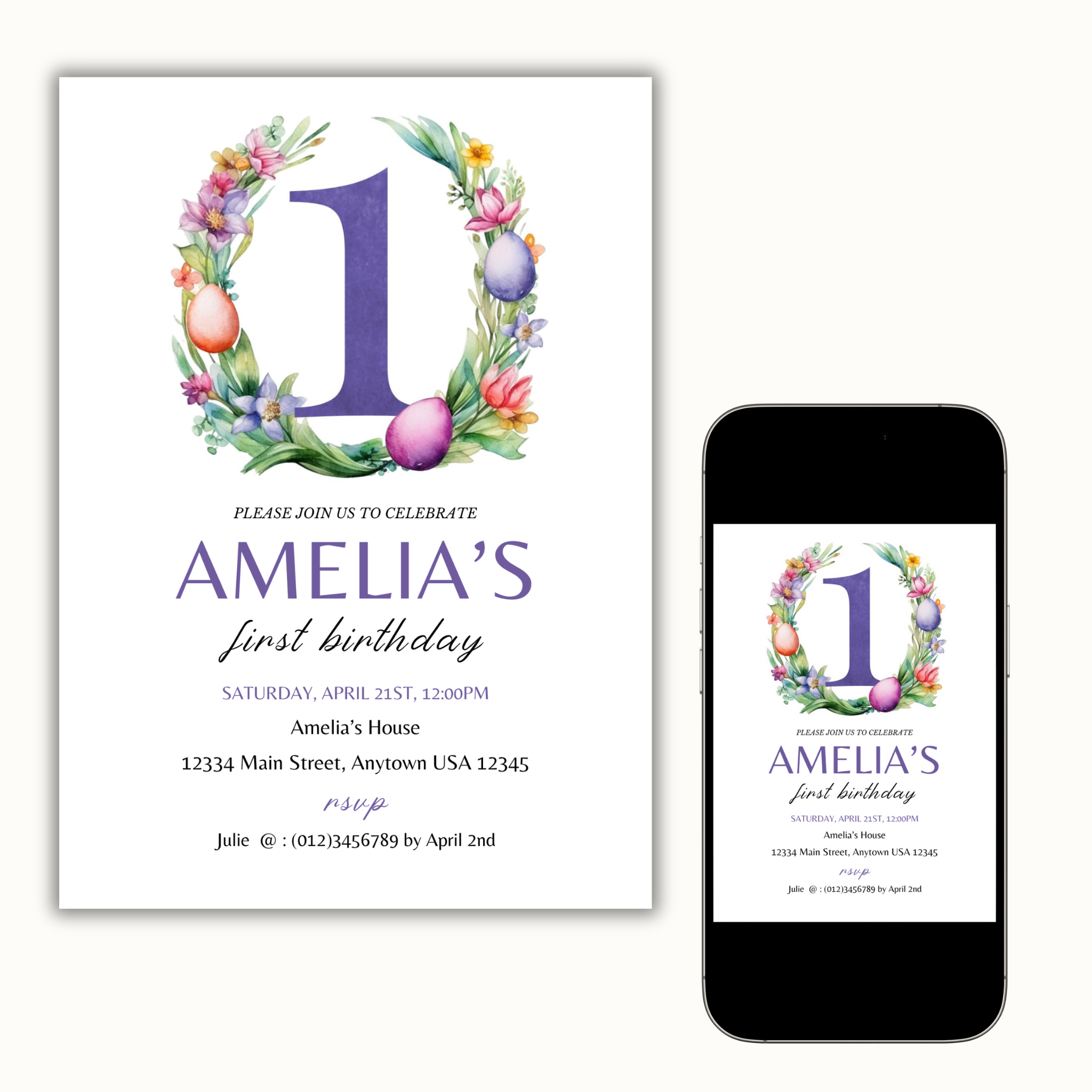 Easter Birthday Invitation Template - 1 Year Old - Purple