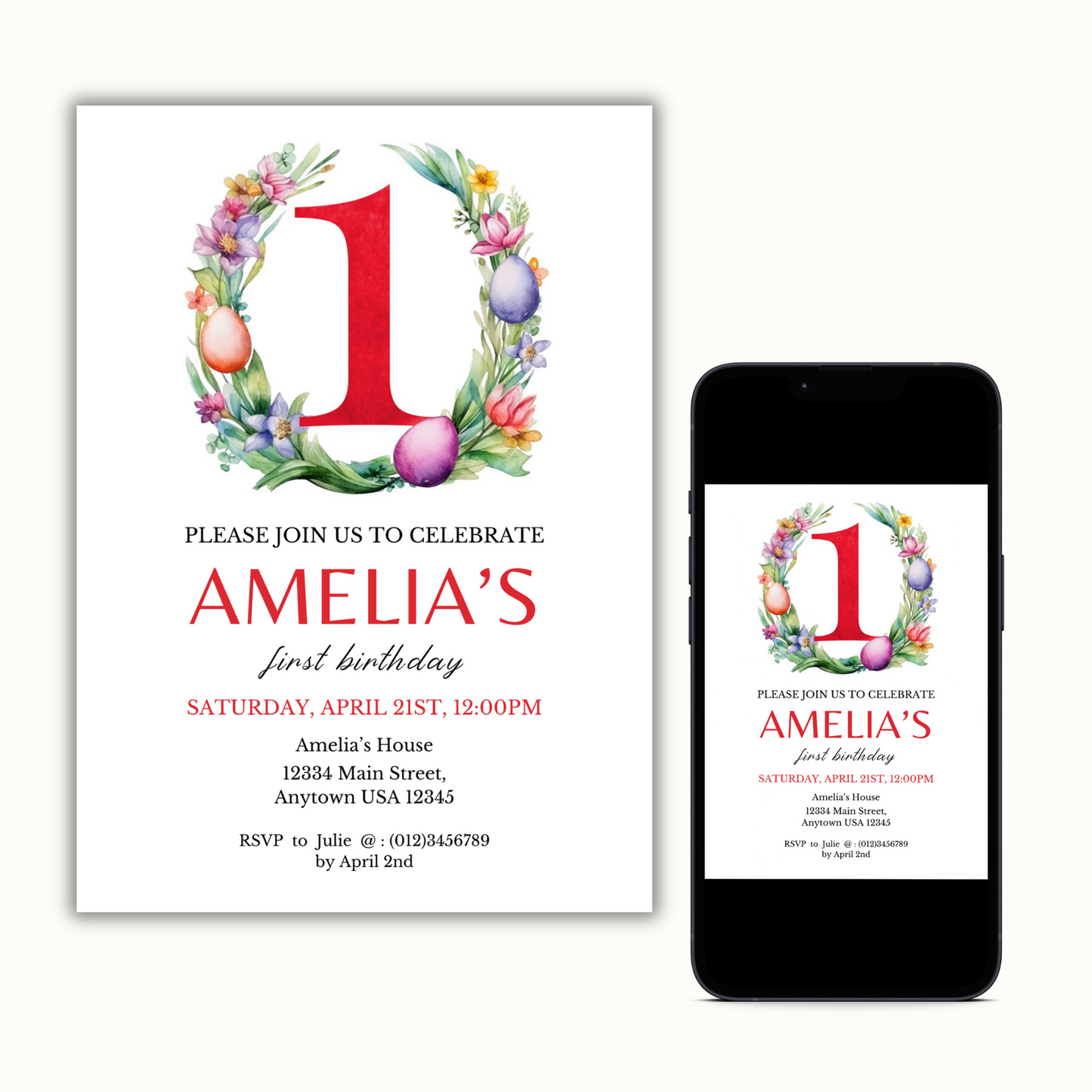 Easter Birthday Invitation Template - 1 Year Old - Red