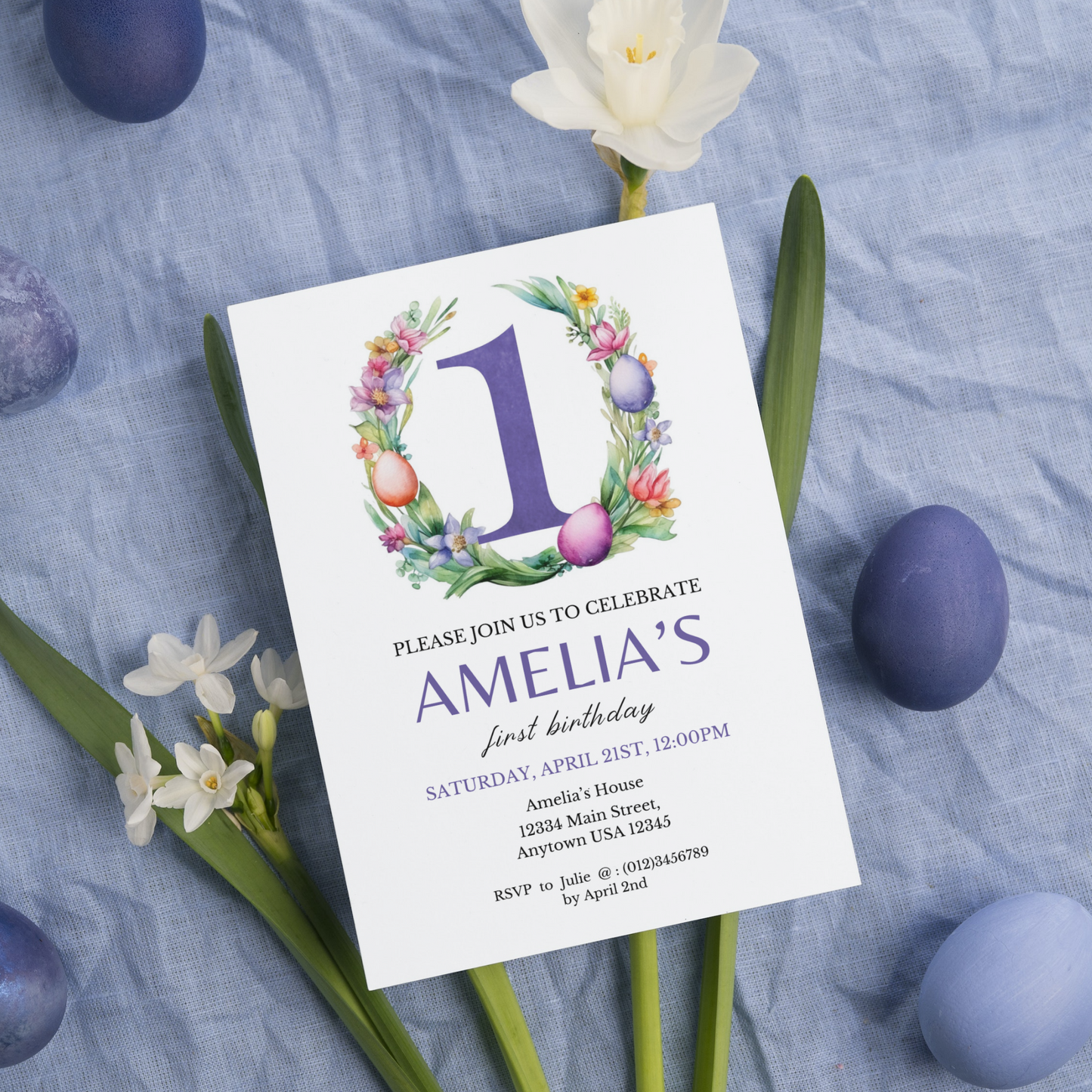 Easter Birthday Invitation Template - 1 Year Old - Purple