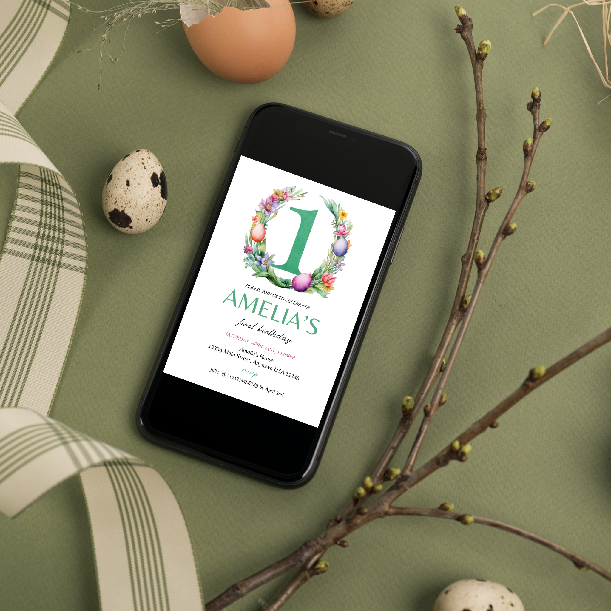 Easter Birthday Invitation Template - 1 Year Old - Green