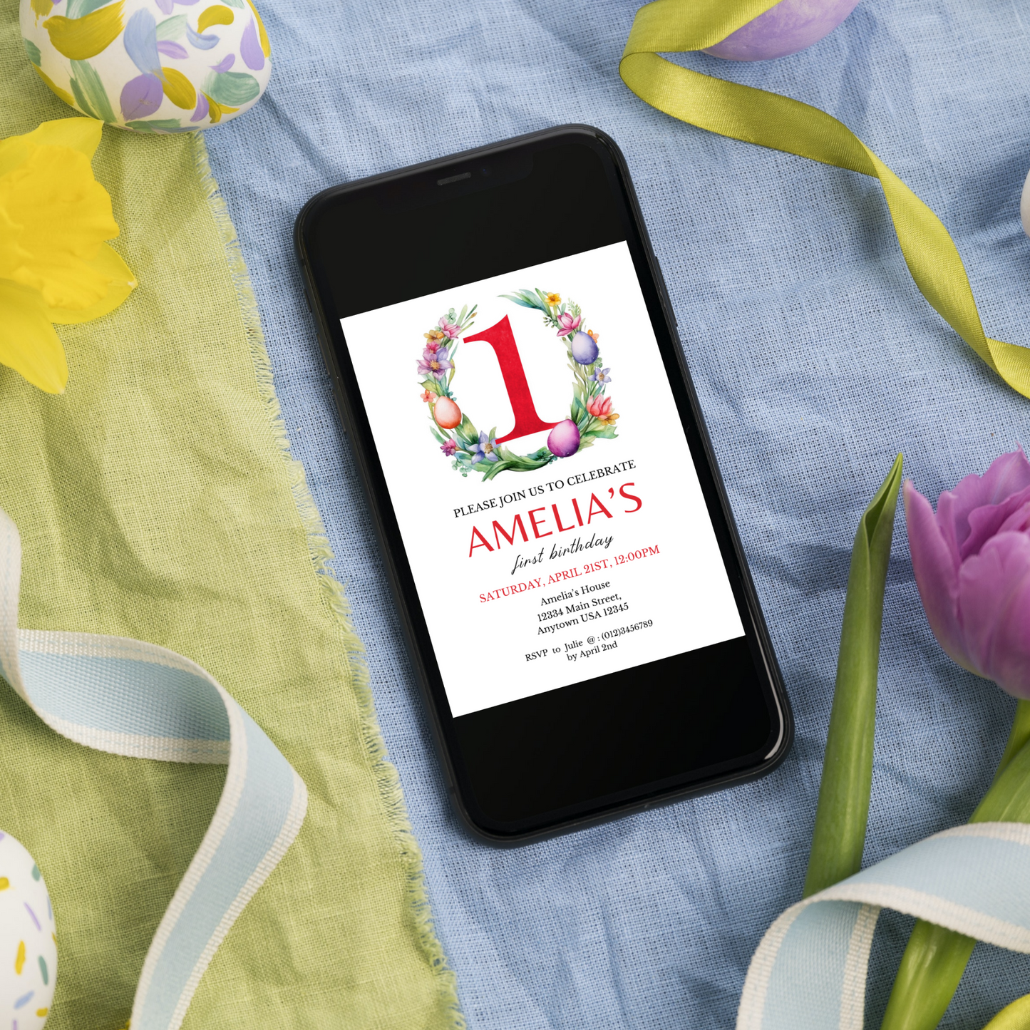 Easter Birthday Invitation Template - 1 Year Old - Red