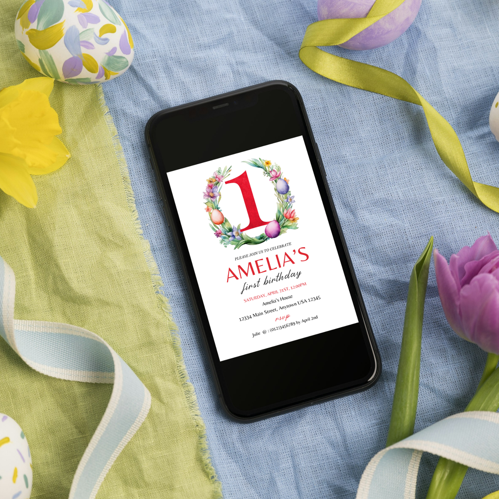 Easter Birthday Invitation Template - 1 Year Old - Red