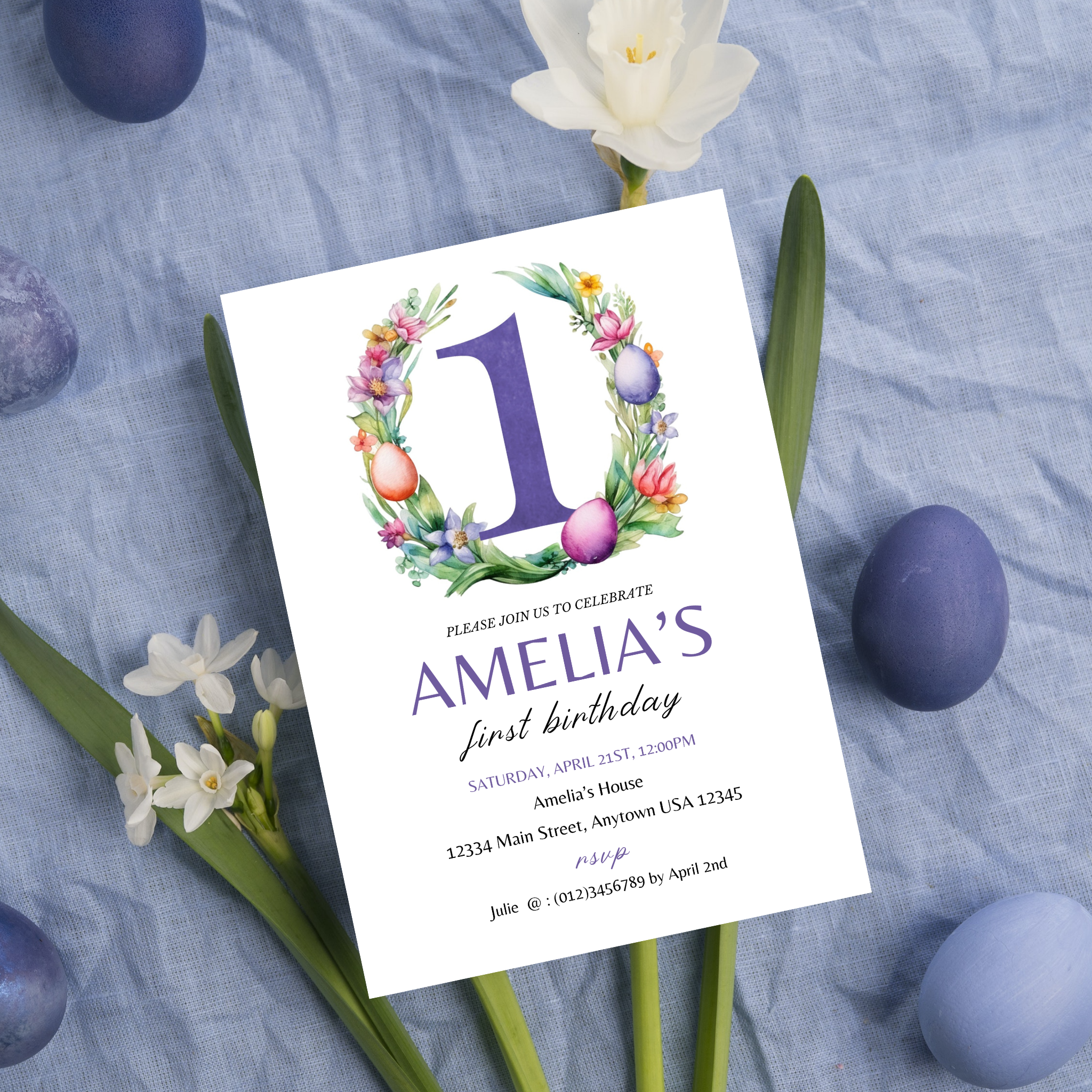Easter Birthday Invitation Template - 1 Year Old - Purple