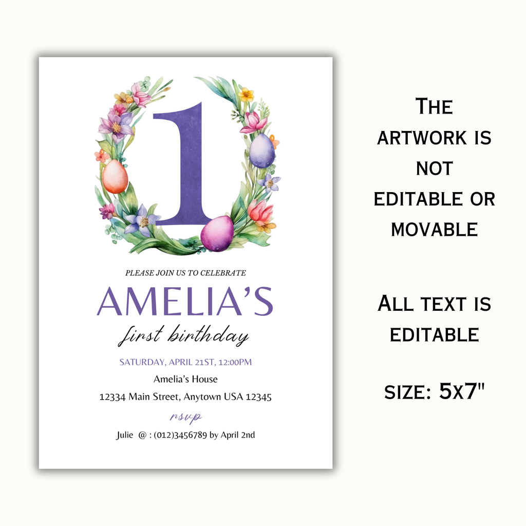 Easter Birthday Invitation Template - 1 Year Old - Purple