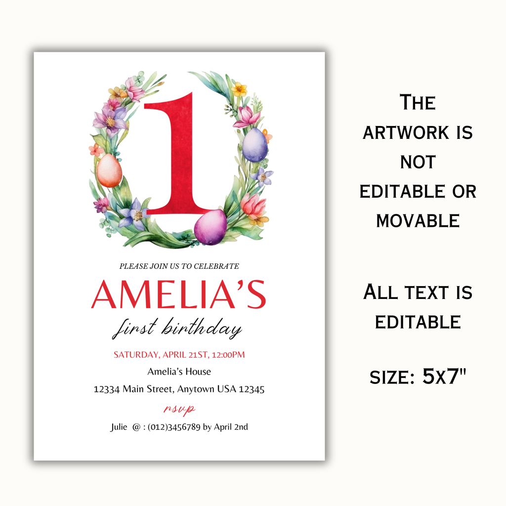 Easter Birthday Invitation Template - 1 Year Old - Red