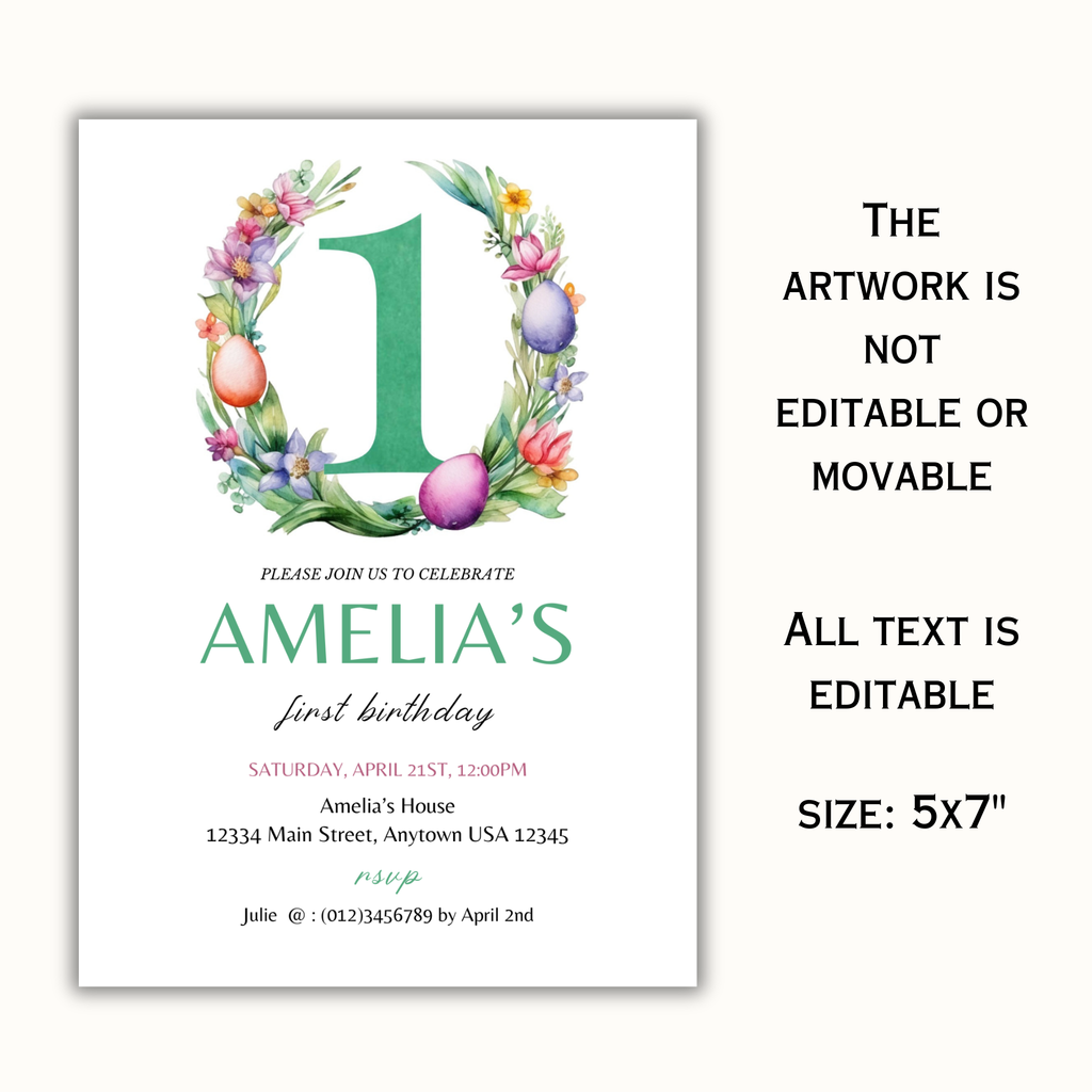 Easter Birthday Invitation Template - 1 Year Old - Green