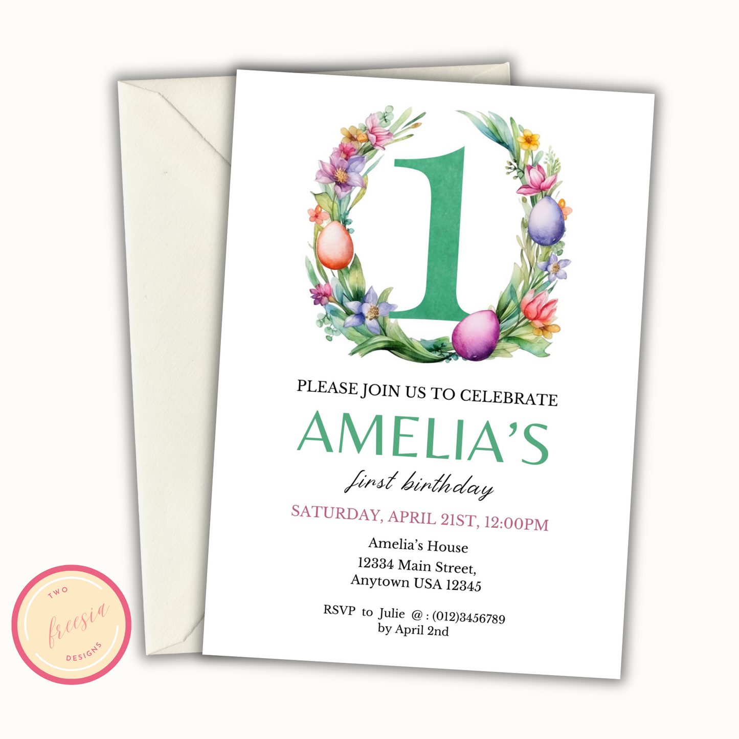 Easter Birthday Invitation Template - 1 Year Old - Green