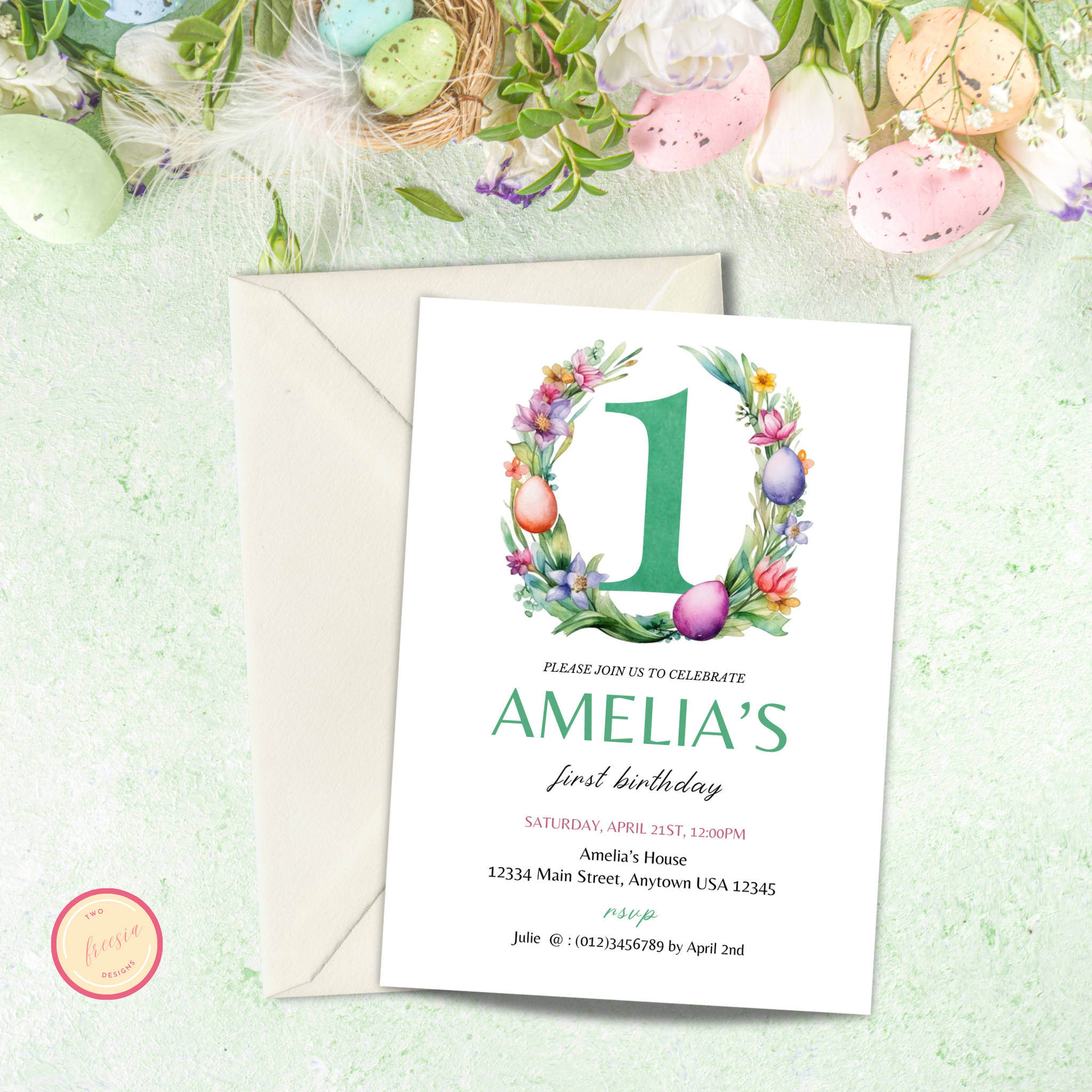Easter Birthday Invitation Template - 1 Year Old - Green