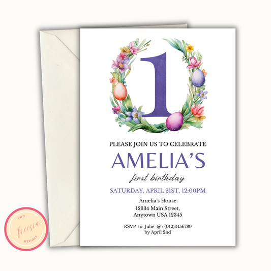 Easter Birthday Invitation Template - 1 Year Old - Purple