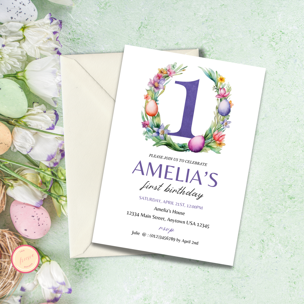 Easter Birthday Invitation Template - 1 Year Old - Purple