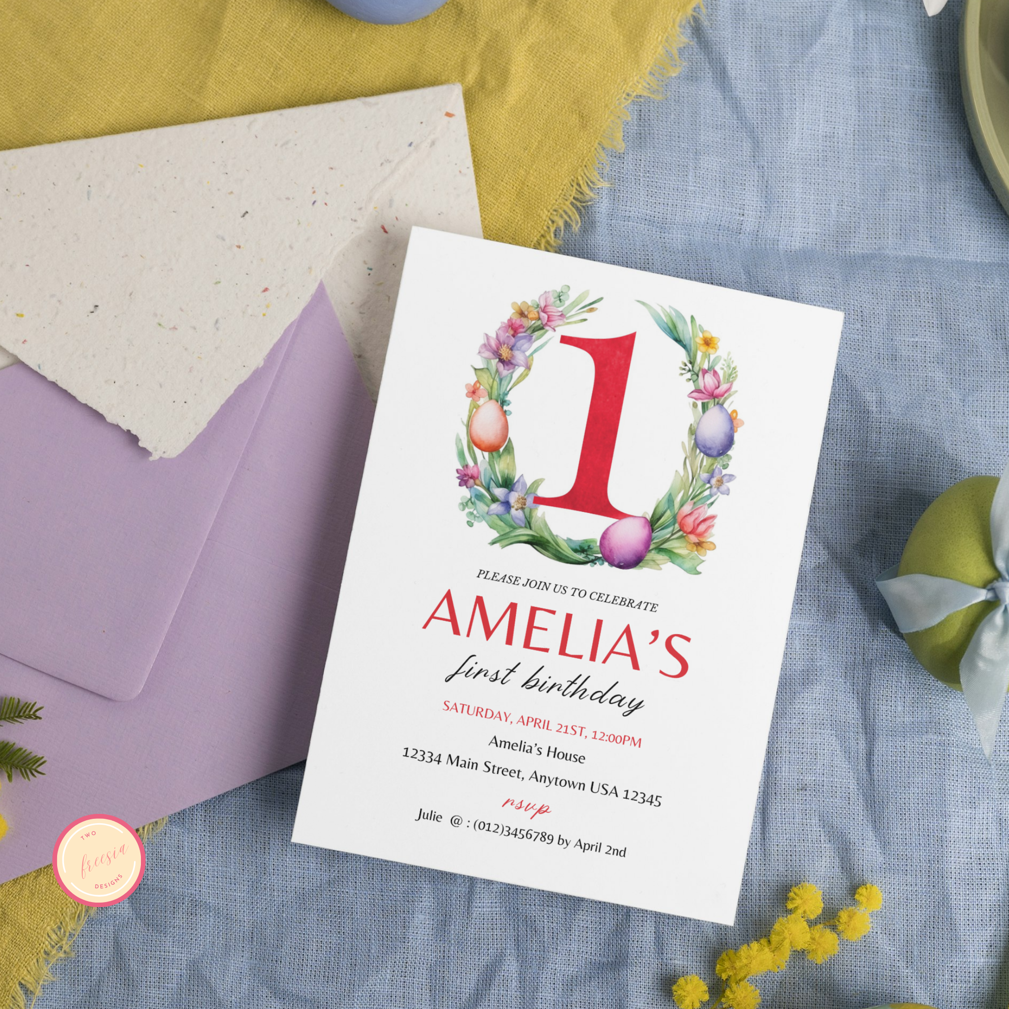 Easter Birthday Invitation Template - 1 Year Old - Red