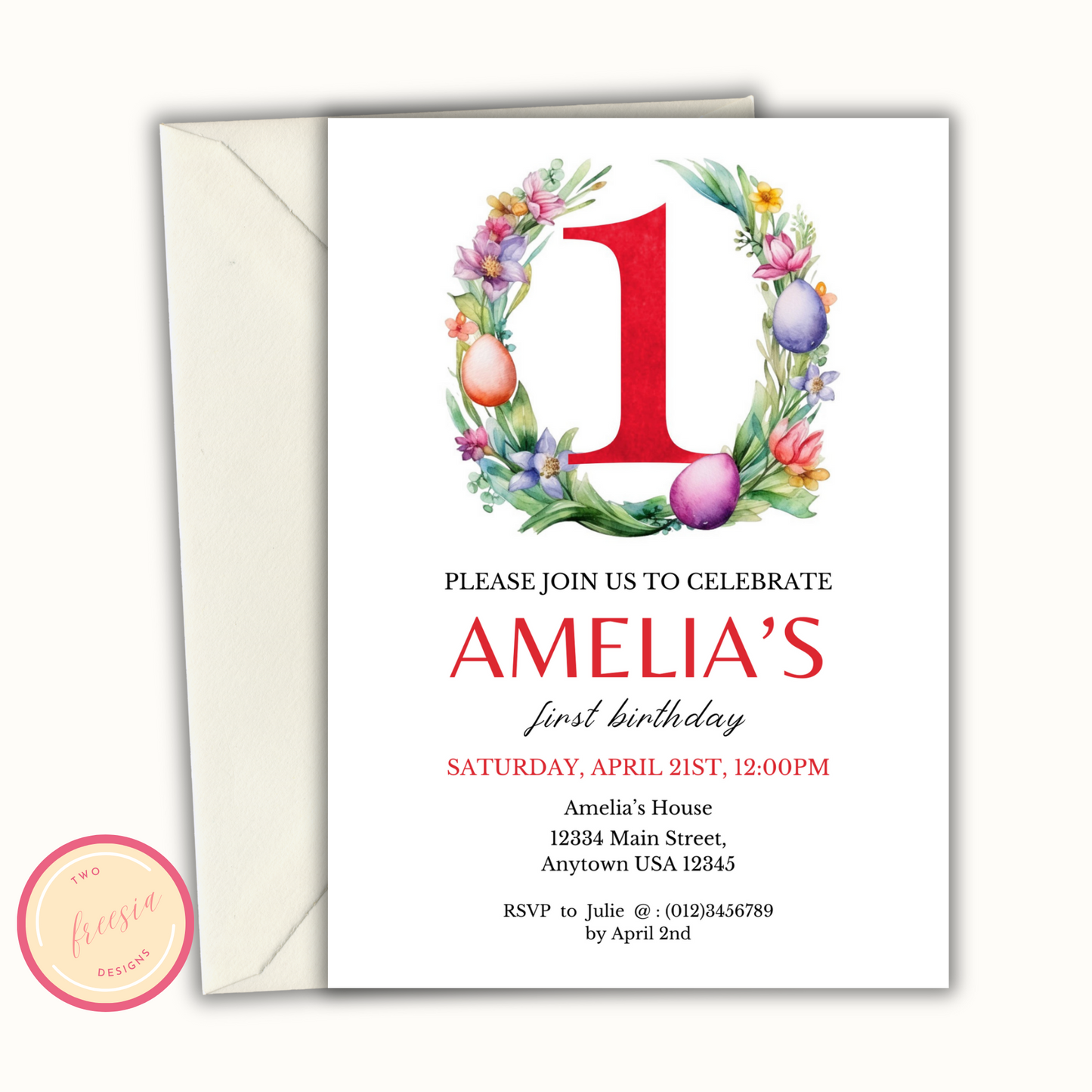 Easter Birthday Invitation Template - 1 Year Old - Red