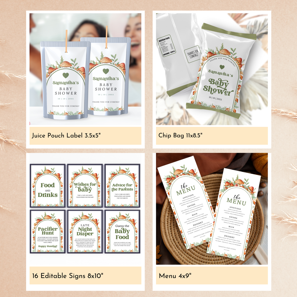 Mushroom Baby Shower Template Bundle