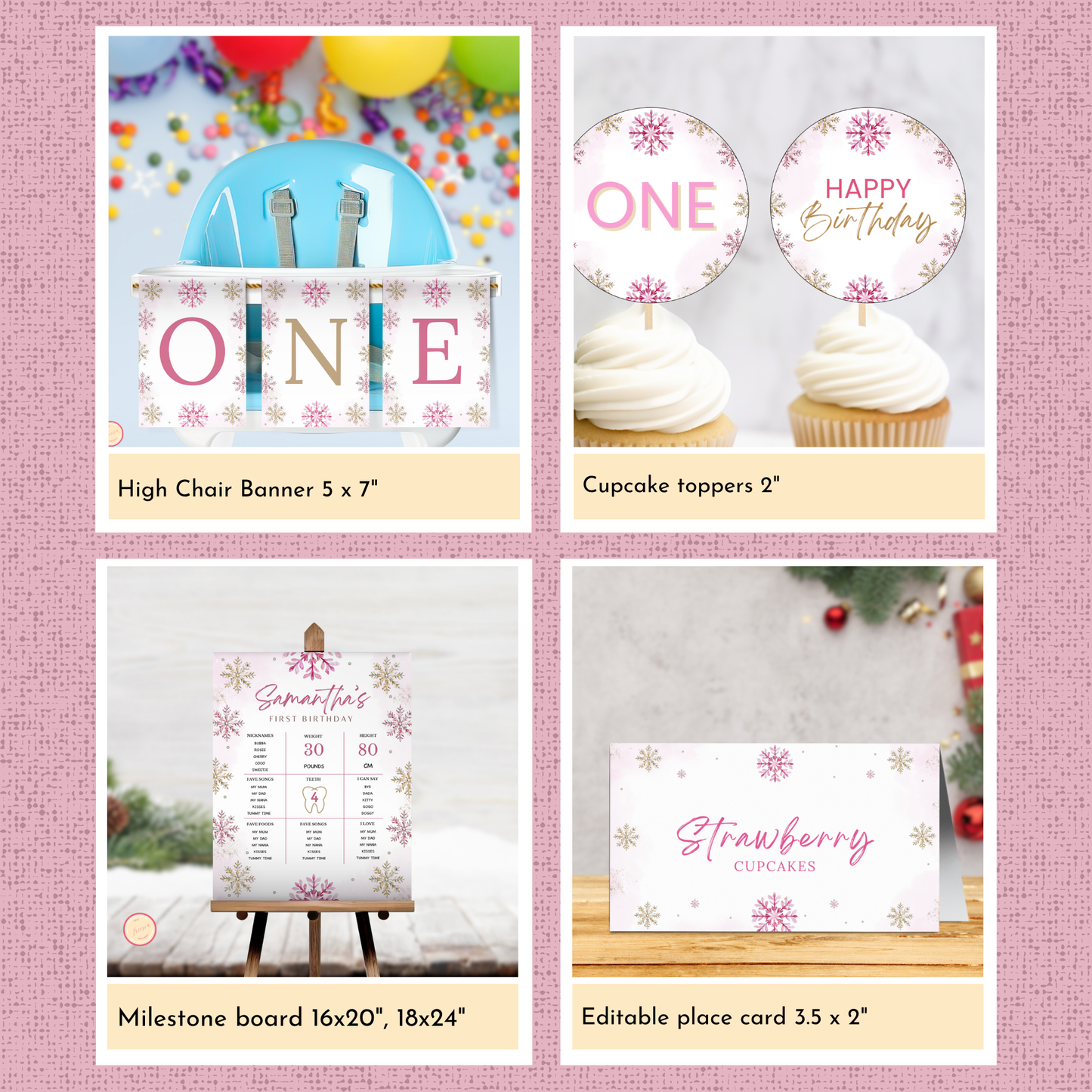 Winter 1st Birthday Template Bundle | Pink