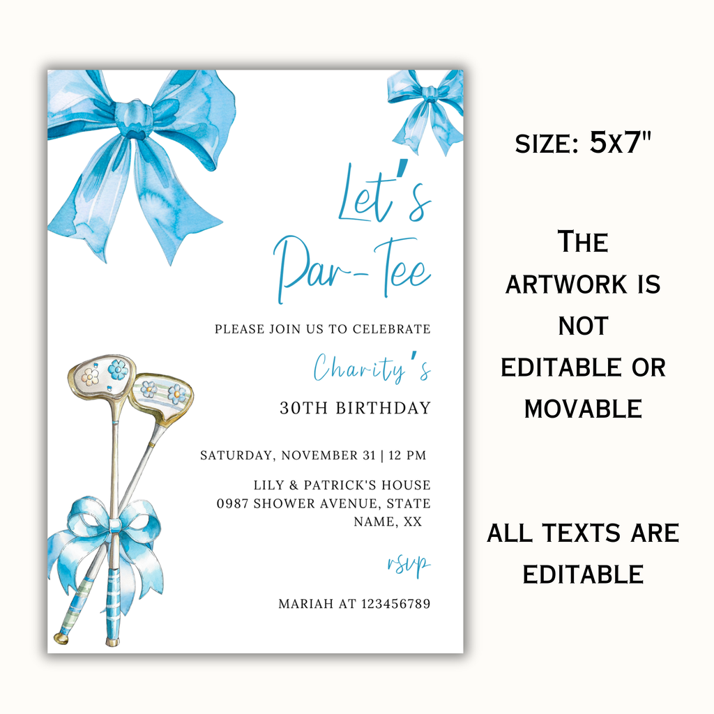 Blue Bow & Club Golf Birthday Invitation